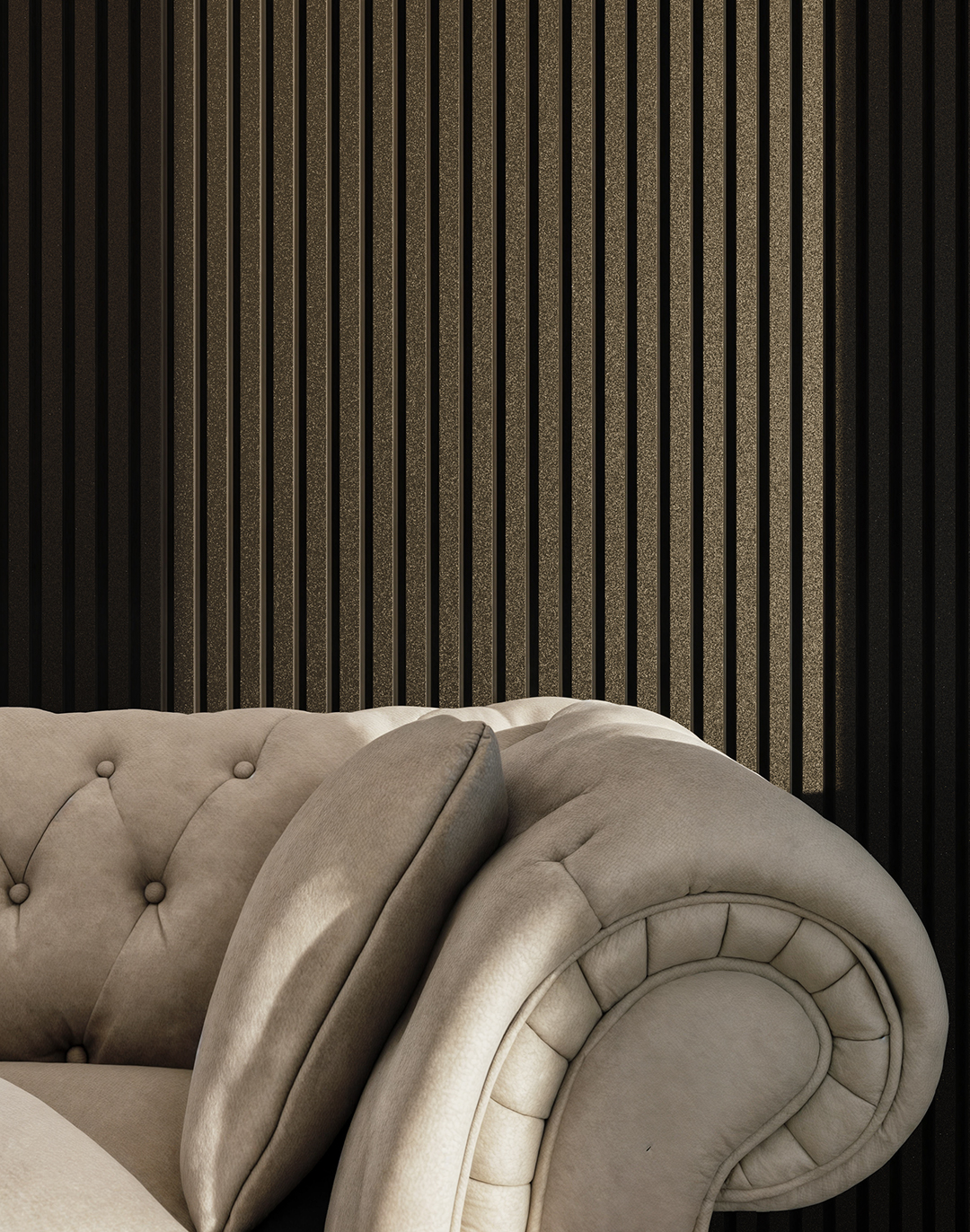 Akustikpaneel Classic - Black Glitter (101) - 240x60 cm Schwarze Akustikpaneele mit Glitzer-Optik hinter elegantem Chesterfield-Sofa im Wohnzimmer