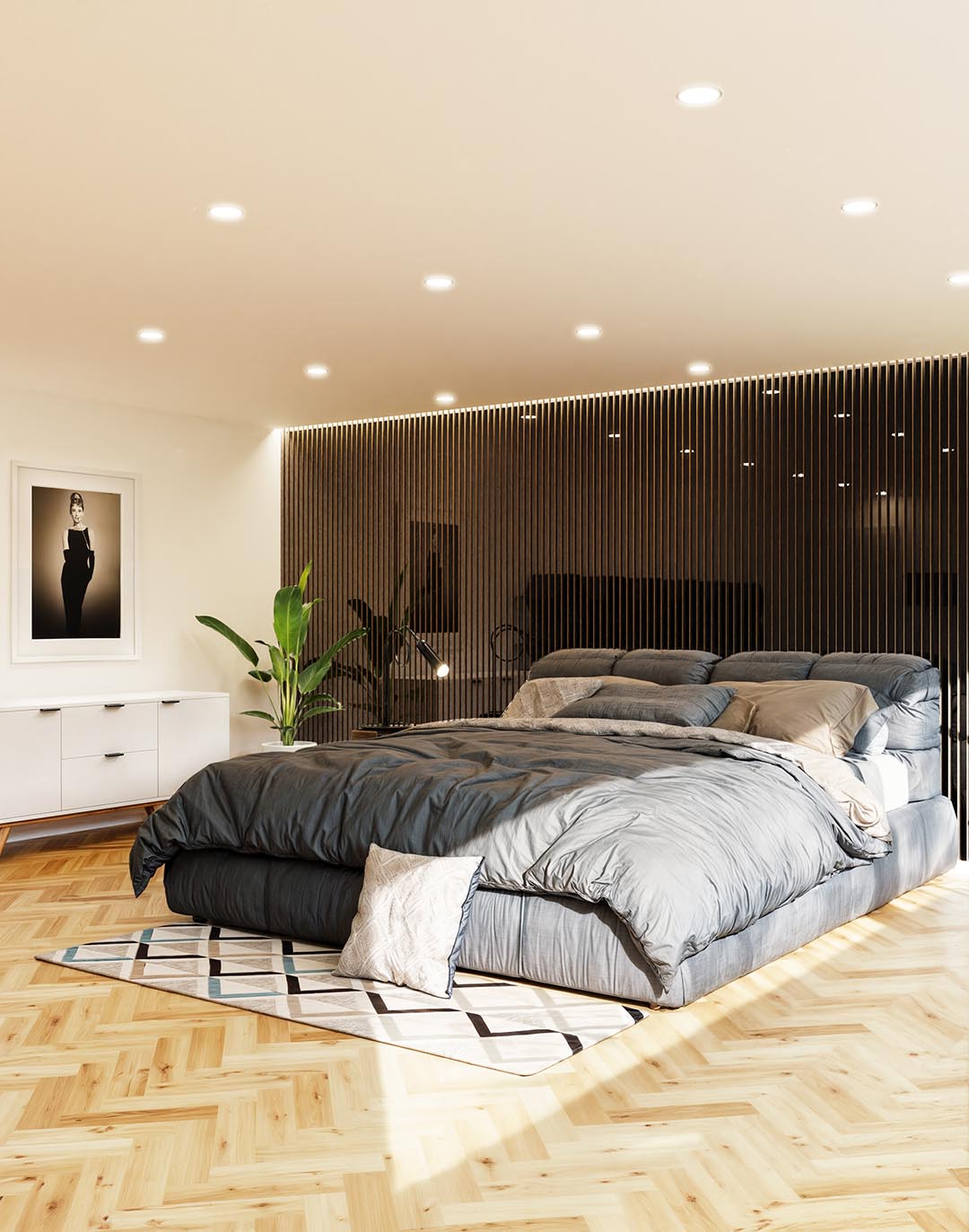 Akustikpaneel Classic - Mirror Black (78) - 240x60 cm Schwarzes Holz-Akustikpaneel Mirror Black als Kopfteil-Wandverkleidung im modernen Schlafzimmer