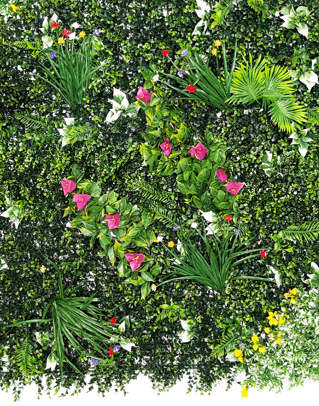 Pflanzenwand - Jungle Blossom (257) - 100x100 cm AKUSTIL Jungle Blossom Pflanzenwand mit bunten Blüten in Pink Rot Gelb – künstliche Wandpaneel Dekoration