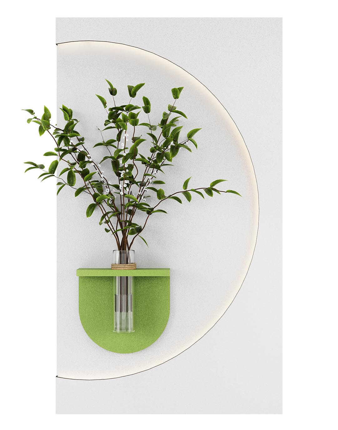 LED Wanddekoration mit Vase - Weiß/Grün- 60x105 cm Akustil Wandbild Pflanzenwand grün weiß mit Glasvase und Ästen Wanddekoration Wohnraum Büro