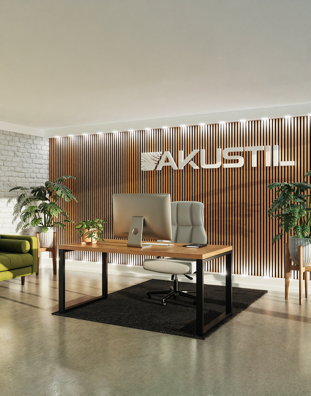 Akustikpaneel Classic - Brushed Copper (54) - 240x60 cm Akustikpaneele Holz Büro Empfangstheke AKUSTIL Wandverkleidung mit LED-Beleuchtung warm braun
