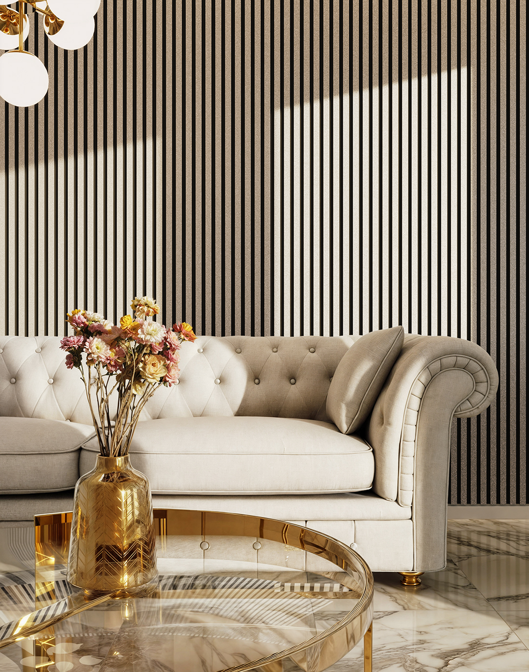 Akustikpaneel Classic - Silber Glitzer Filz: Schwarz - 240x60 cm Silber Glitter Akustikpaneel Wohnzimmer elegante Wandverkleidung hinter Chesterfield-Sofa AKUSTIL