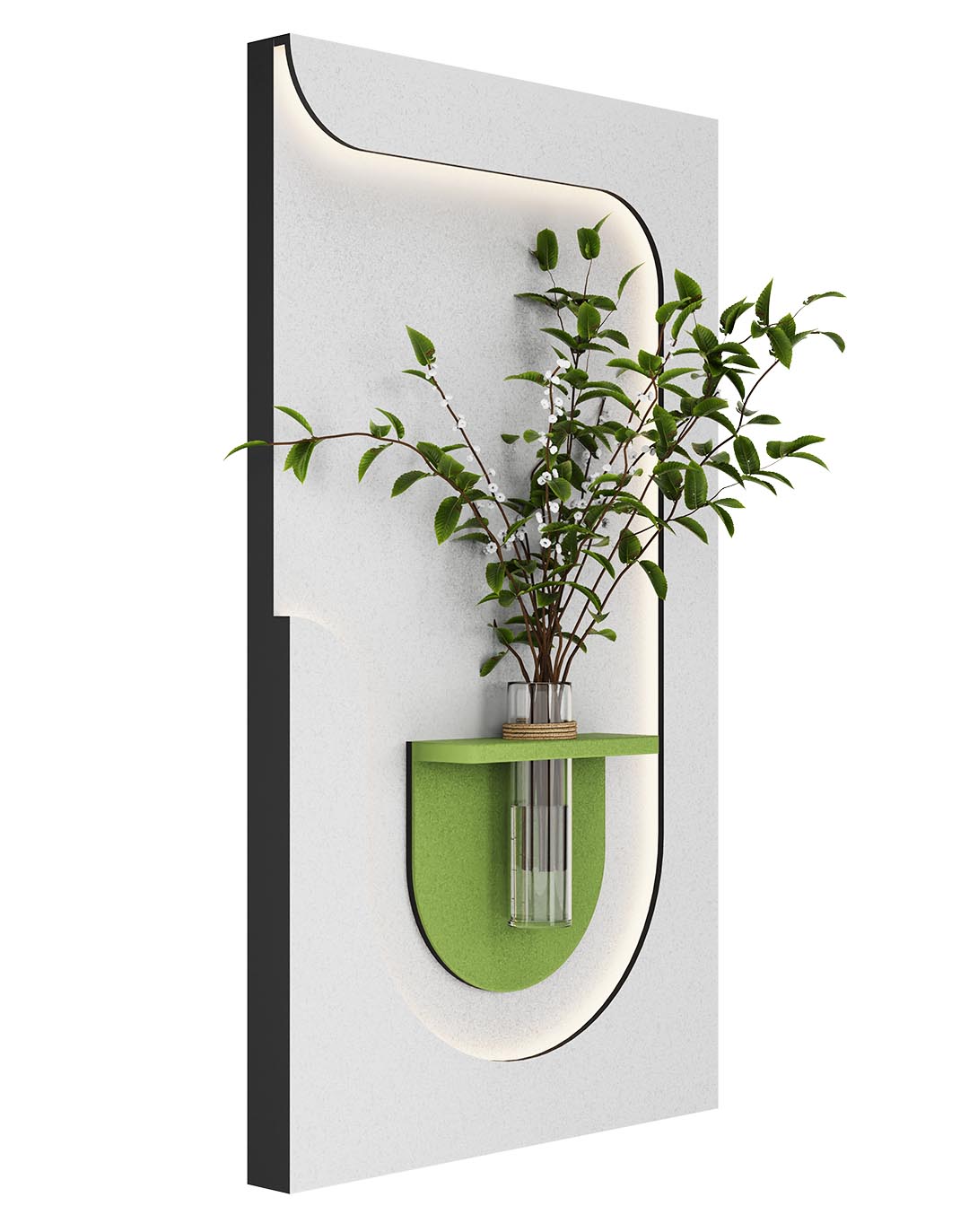 LED Wanddekoration mit Vase - Weiß/Grün - 60x105 cm AKUSTIL Akustikpaneel Wandbild mit grüner Pflanzenwand und LED-Beleuchtung für Wohnraum und Büro