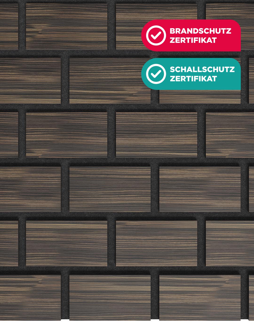 Akustikpaneel Bricks Zebrano Holzoptik braun PVC Wandpaneel Brandschutz Schallschutz Zertifikat AKUSTIL