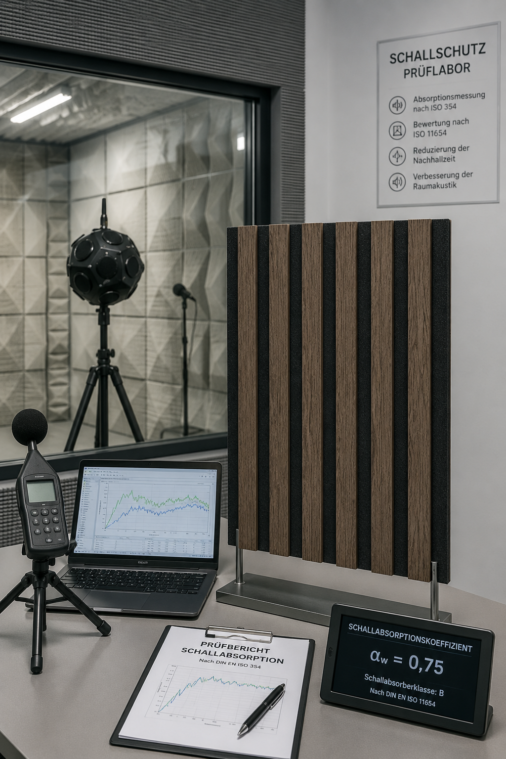 schallschutz_labor Akustikpaneel Holz Schwarz im Schallschutz-Prüflabor mit Absorptionskoeffizient αw 0,75 Klasse B ISO 11654