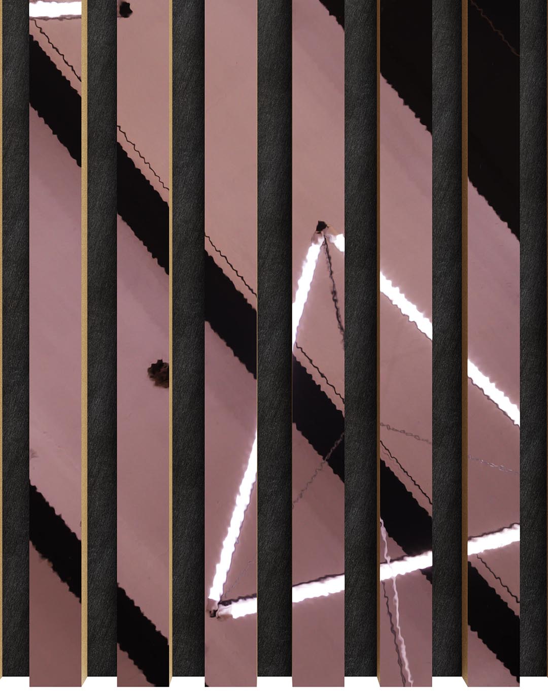 Akustikpaneel Classic - Mirror Rosé (81) - 240x60 cm Akustikpaneel Mirror Rose in Rosa mit schwarzen Holzlamellen und Goldakzenten für Wohnraum und Büro