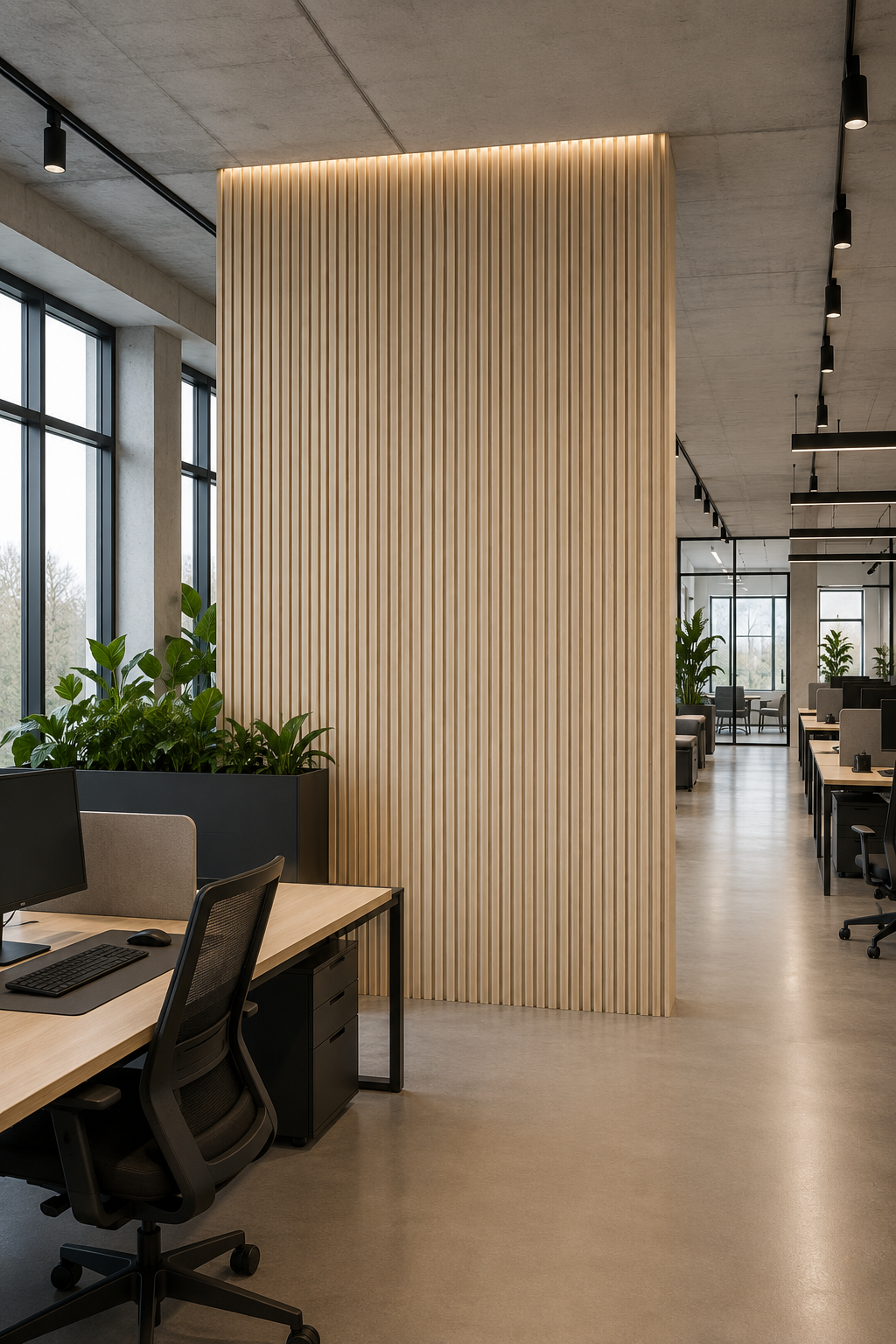 AKUSTIL Holz-Akustikpaneel hell als Raumteiler im modernen Büro mit indirekter LED-Beleuchtung