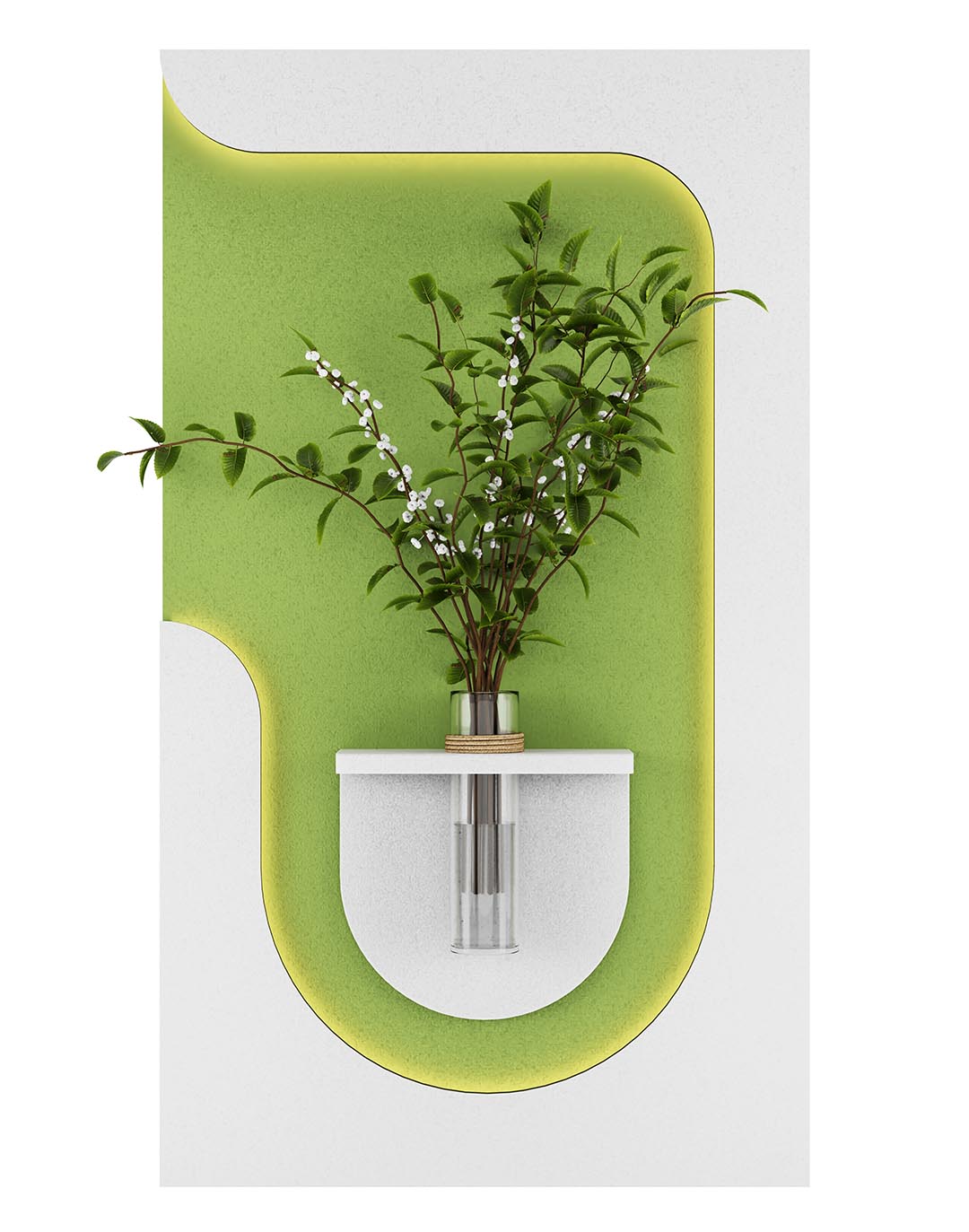 LED Wanddekoration mit Vase - Grün/Weiß - 60x105 cm Grünes Akustikpaneel mit weißem Wandbild-Design und Pflanzenwand-Deko für moderne Büro- oder Wohnraumgestaltung