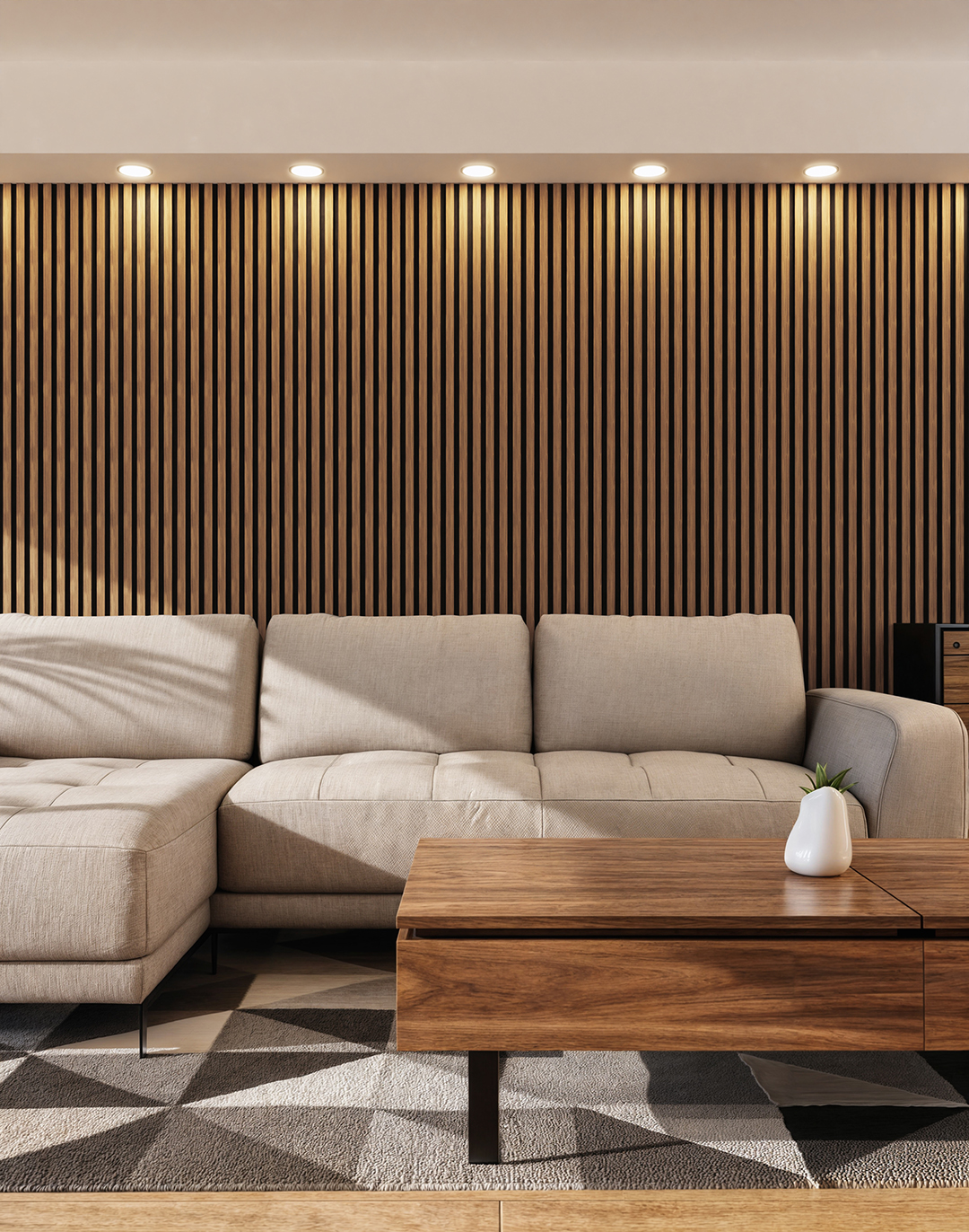 Akustikpaneel Classic - Golden Teak (08) - 240x60 cm Holz-Akustikpaneel Golden Teak Wohnzimmer Wandverkleidung vertikale Holzlatten Sofa modern