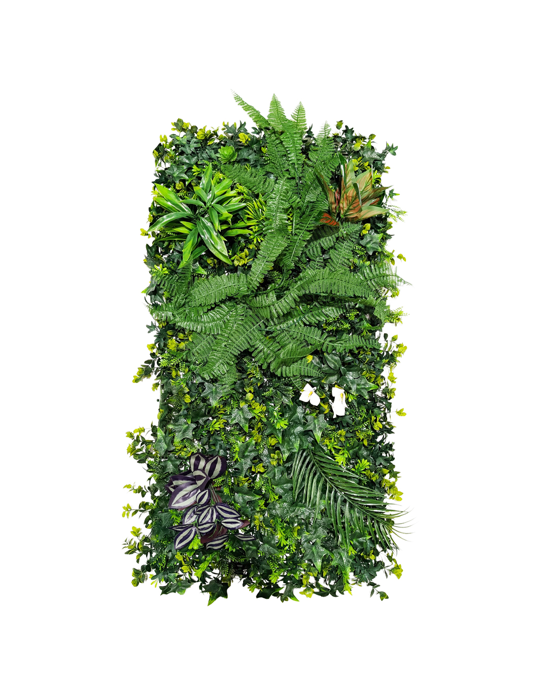 Pflanzenwand - Urban Bloom (266) - 50x100 cm Künstliche Pflanzenwand Urban Bloom mit Farnen und Blüten für Büro und Gastronomie von AKUSTIL