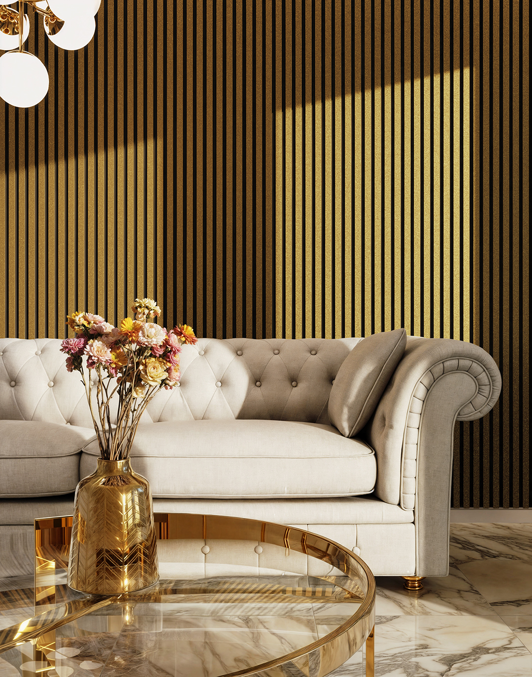 Akustikpaneel Classic - Golden Glitter (102) - 240x60 cm Goldene Akustikpaneele Wohnzimmer elegante Wandverkleidung glitzernde Holzoptik Chesterfield Sofa AKUSTIL