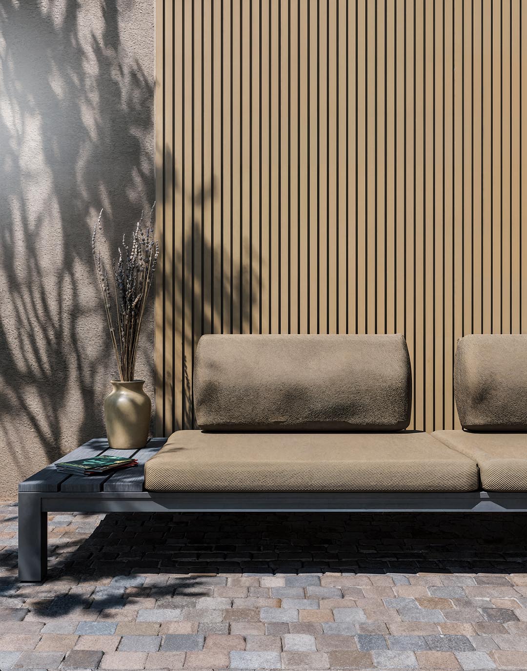 WPC-Paneel - Sandbeige (403) - 280x22 cm WPC Wandpaneel Sandbeige als Außenwandverkleidung auf Terrasse mit modernem Loungesofa