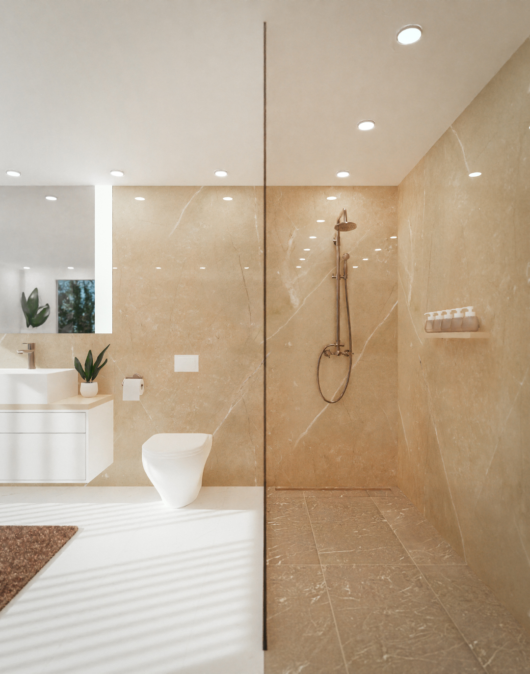 PVC Wandpaneel Marmor Beige im modernen Badezimmer – elegante Wandverkleidung für Bad und Wohnraum