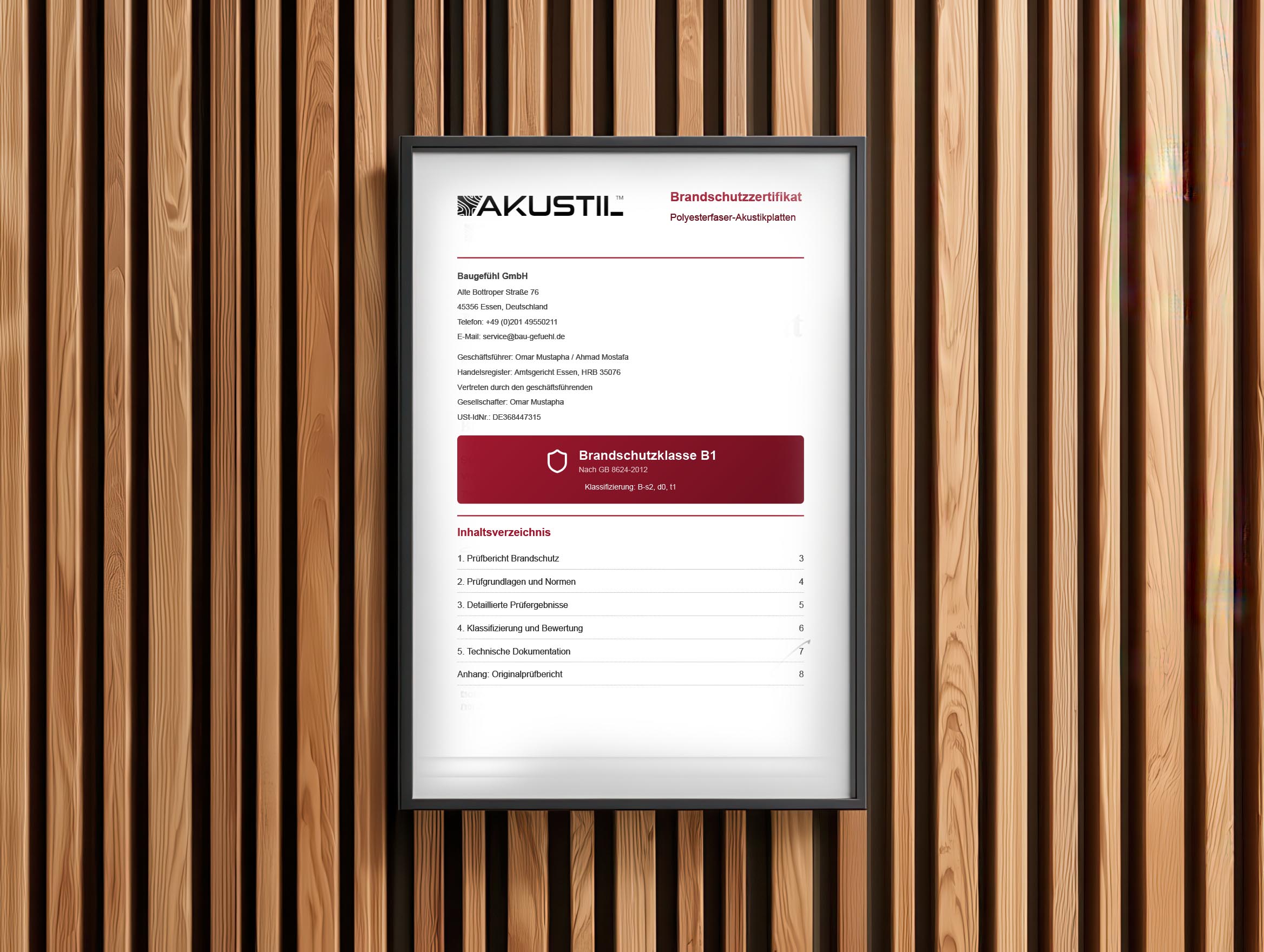 Wo bekomme ich das Brandschutzzertifikat für eure Akustikpaneele? AKUSTIL Brandschutzzertifikat B1 für Polyesterfaser-Akustikplatten – gerahmt vor Holz-Akustikpaneelen Wand