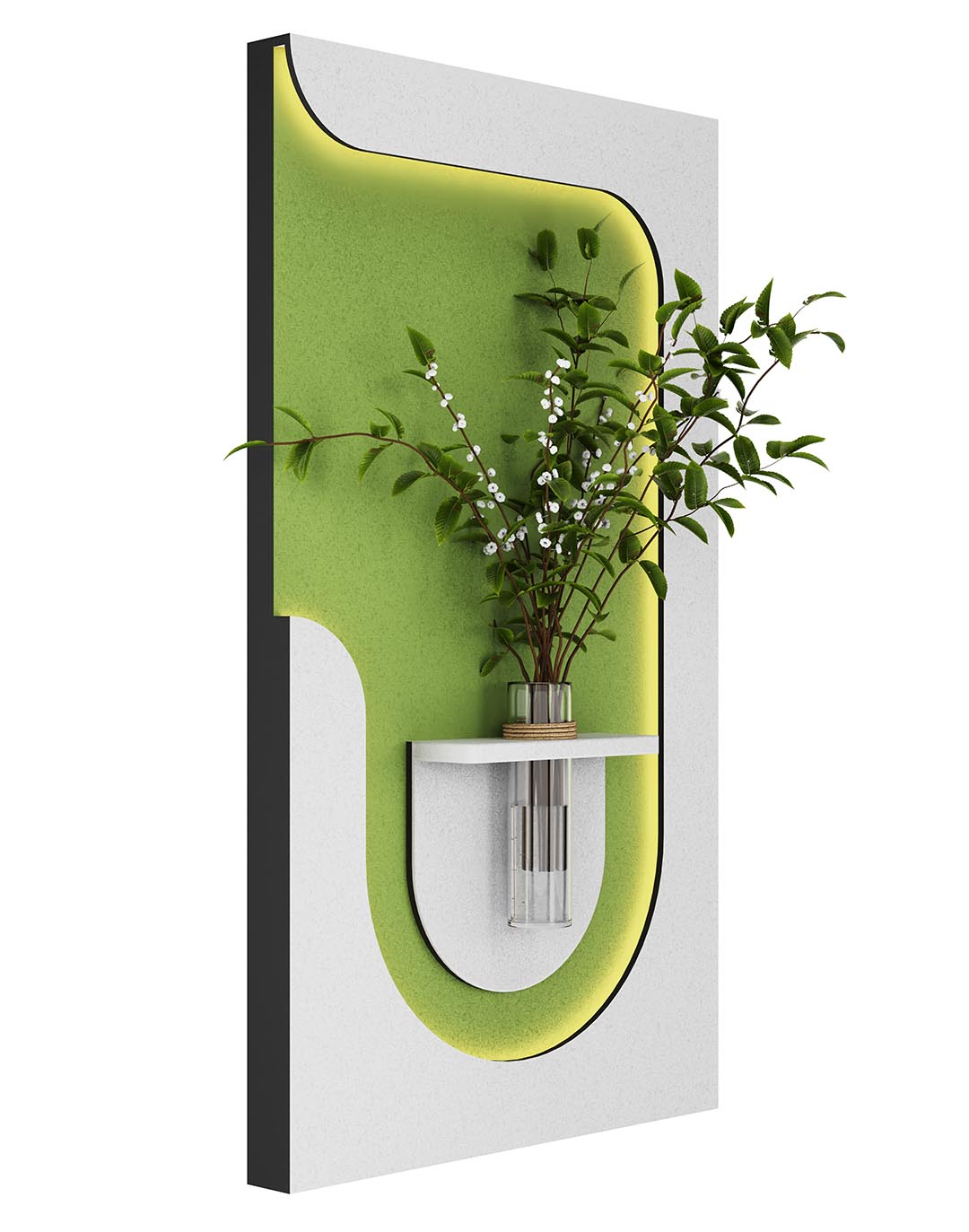 LED Wanddekoration mit Vase - Grün/Weiß - 60x105 cm AKUSTIL Akustikpaneel grün weiß mit Pflanzenwand und Beleuchtung als Wandbild für Büro und Wohnraum