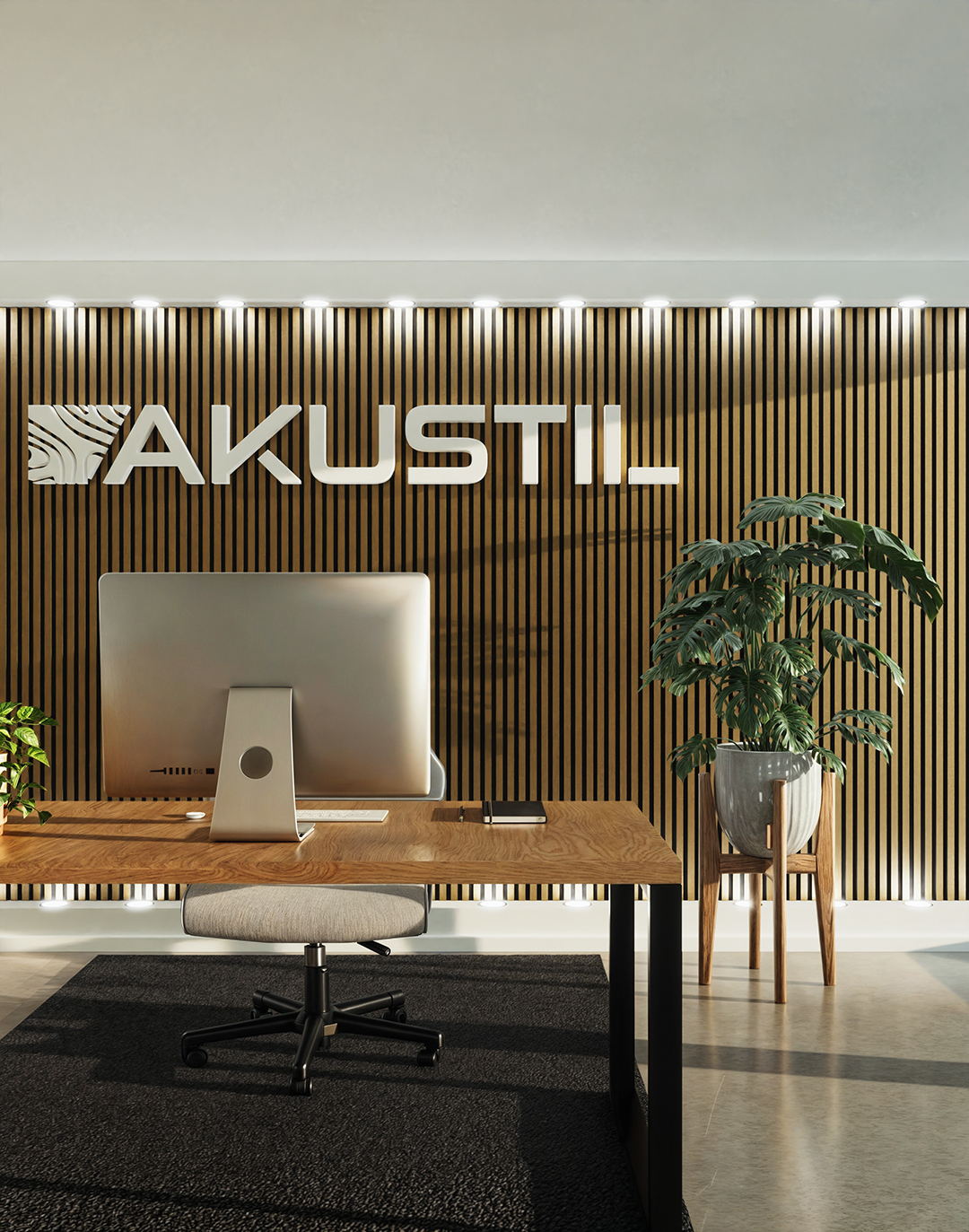 Akustikpaneel Classic - Brushed Gold (55) - 240x60 cm AKUSTIL Holz-Akustikpaneele Brushed Gold im Büro – moderne Wandverkleidung mit vertikalen Holzlamellen