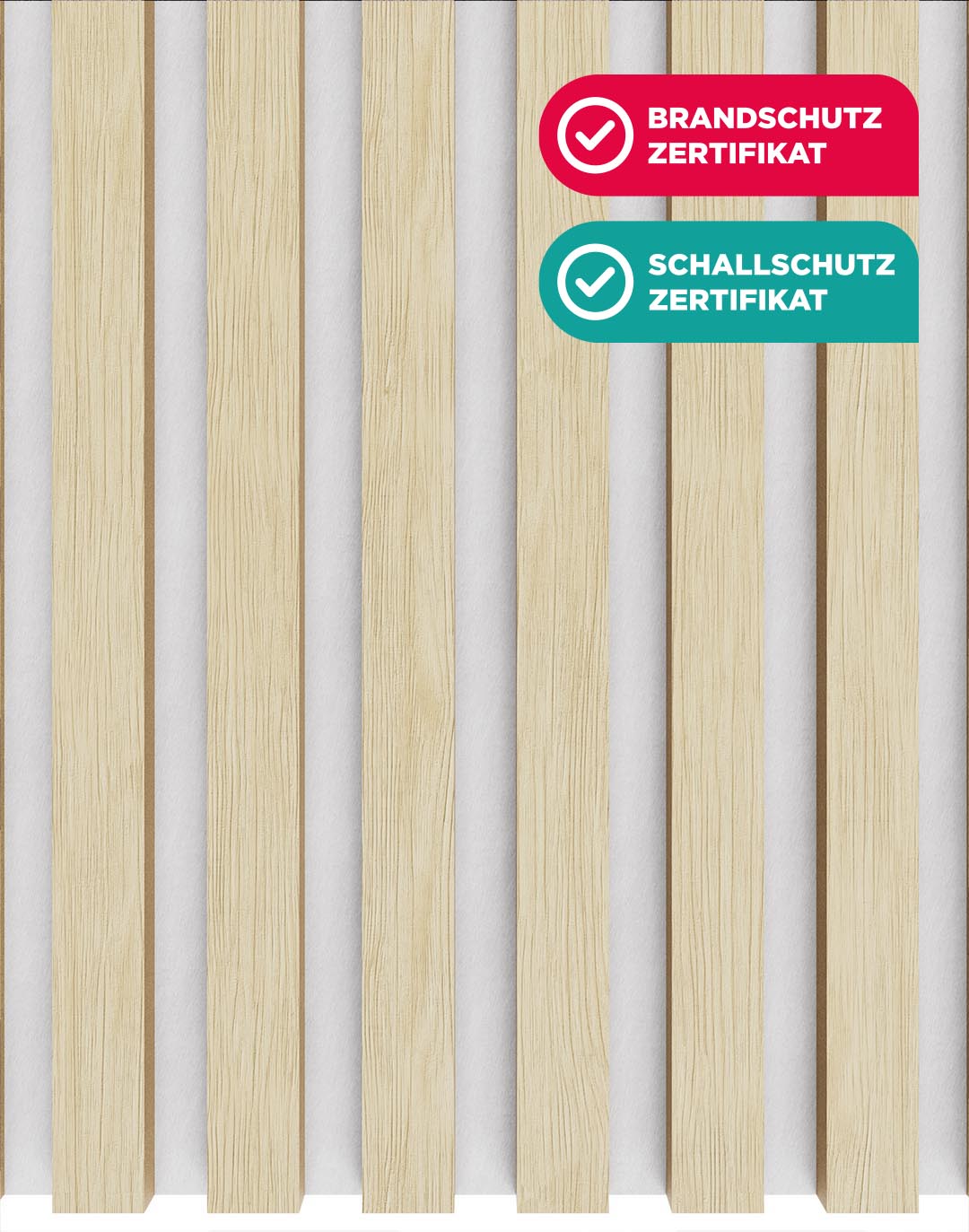 Akustikpaneel Eiche Hell Weiß vertikale Holzlamellen Wandpaneel Brandschutz Schallschutz Zertifikat