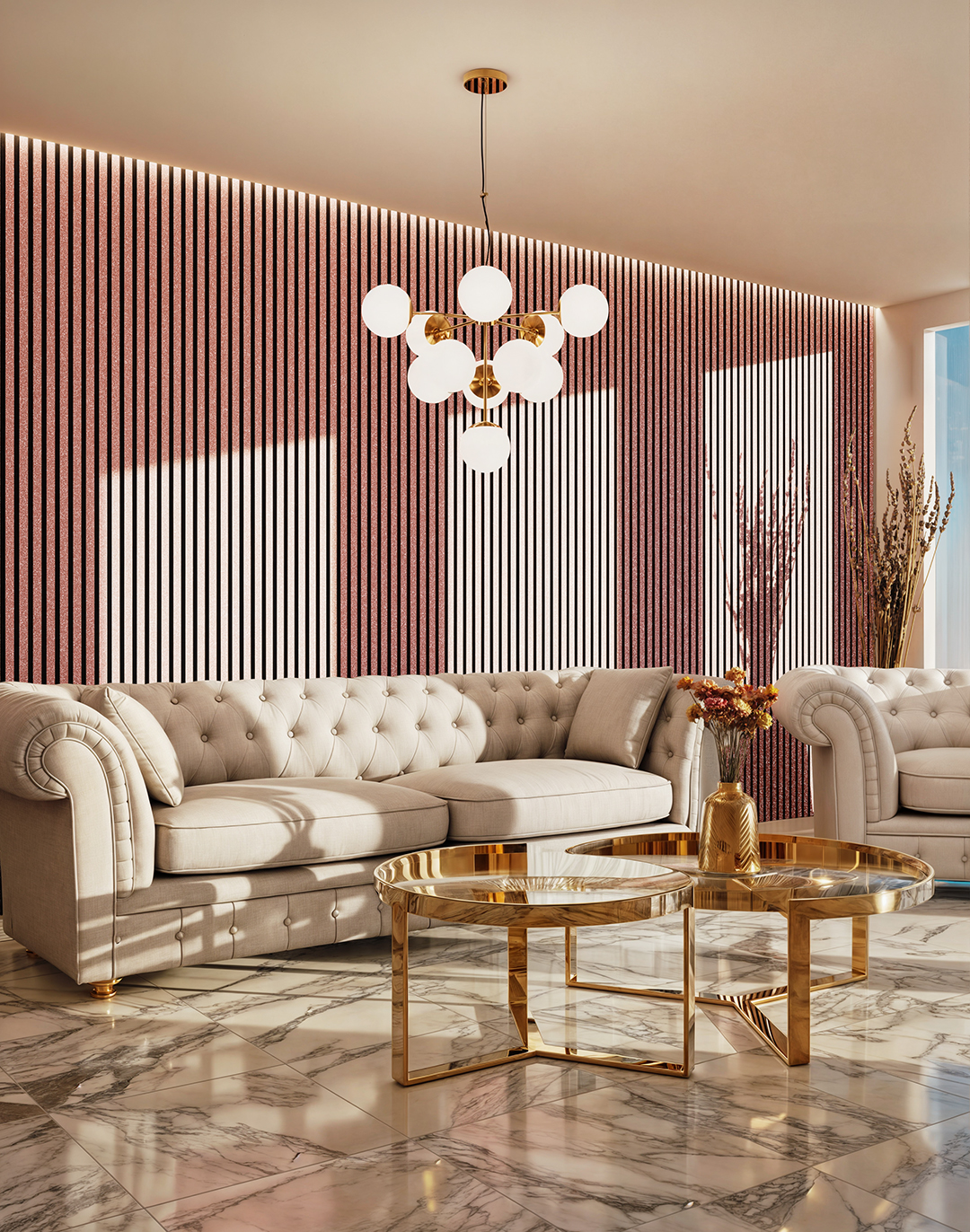 Akustikpaneel Classic - Pink Glitzer Filz: Schwarz - Muster Wohnzimmer mit rosa Glitzer Akustikpaneelen an Wand hinter cremefarbener Chesterfield-Couch und Marmorboden