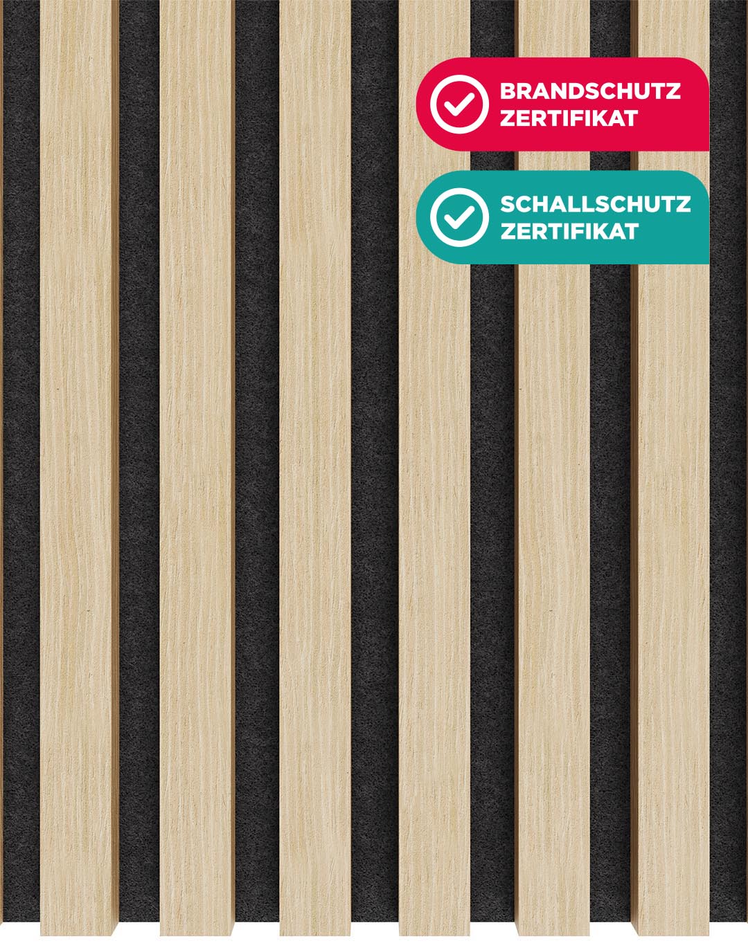 Akustikpaneel Wooden Line Esche Weiß mit schwarzem Filz Brandschutz Schallschutz Zertifikat AKUSTIL