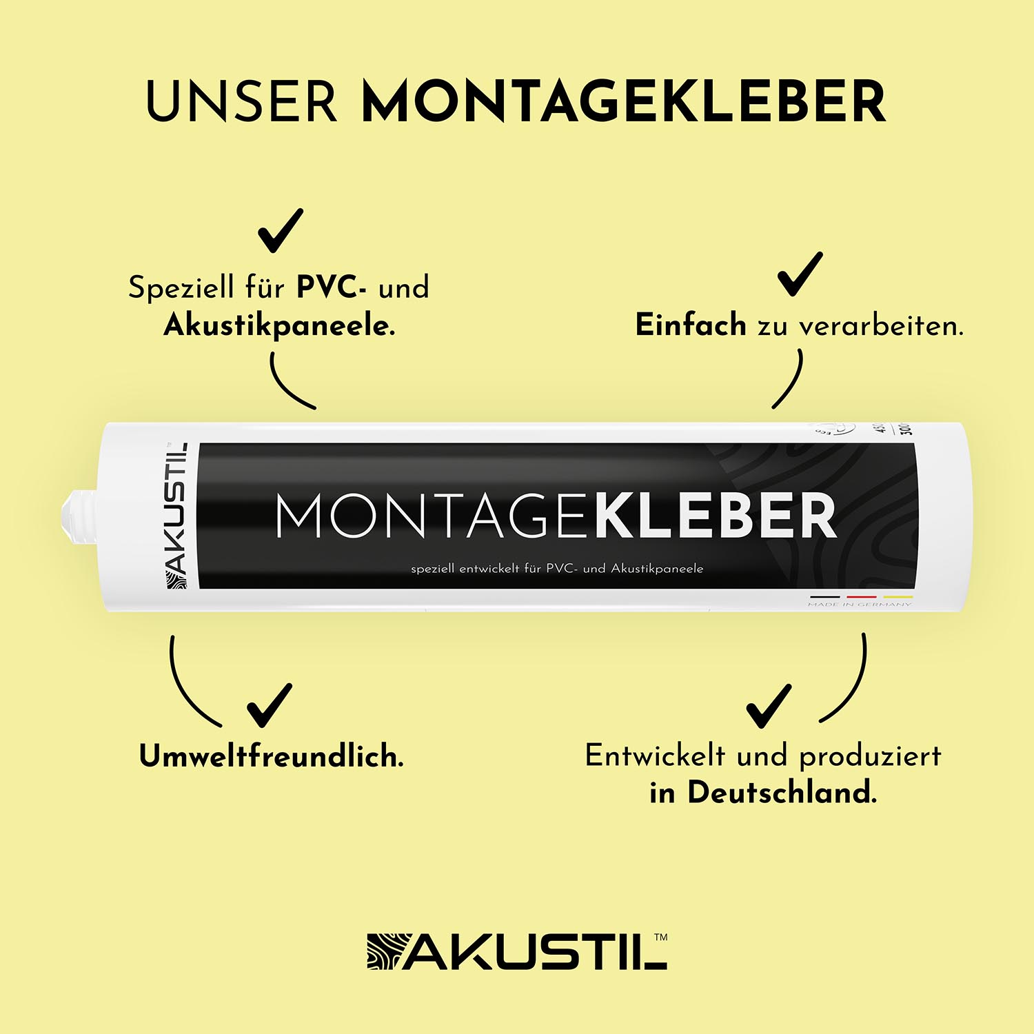 Akustik- und PVC-Paneel Montagekleber AKUSTIL Montagekleber Kartusche weiß schwarz für PVC Wandpaneele und Akustikpaneele Made in Germany