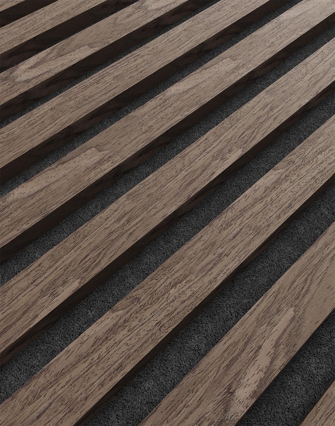 Akustikpaneel Classic - Nussbaum Rustikal Filz: Schwarz - 260x60 cm Akustikpaneel Wooden Line Nussbaum Rustikal mit schwarzem Filz Nahaufnahme Holzlamellen Wandpaneel