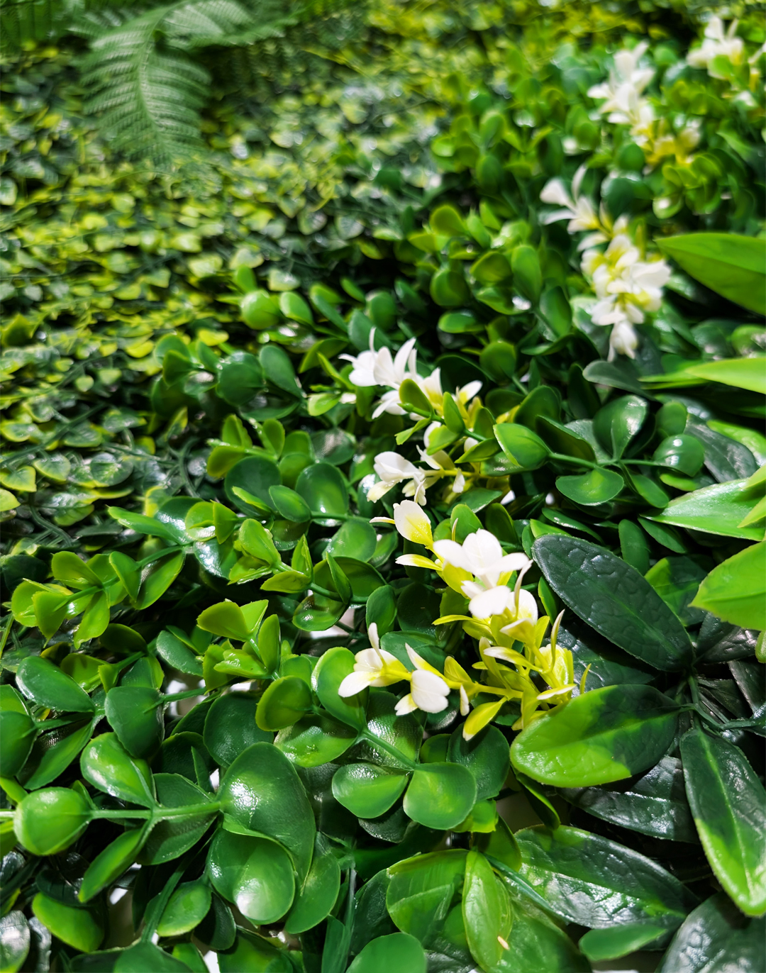 Pflanzenwand - Emerald Breeze (253) - 100x100 cm AKUSTIL Emerald Breeze Pflanzenwand mit grünen Blättern und weißen Blüten für Büro und Wohnraum