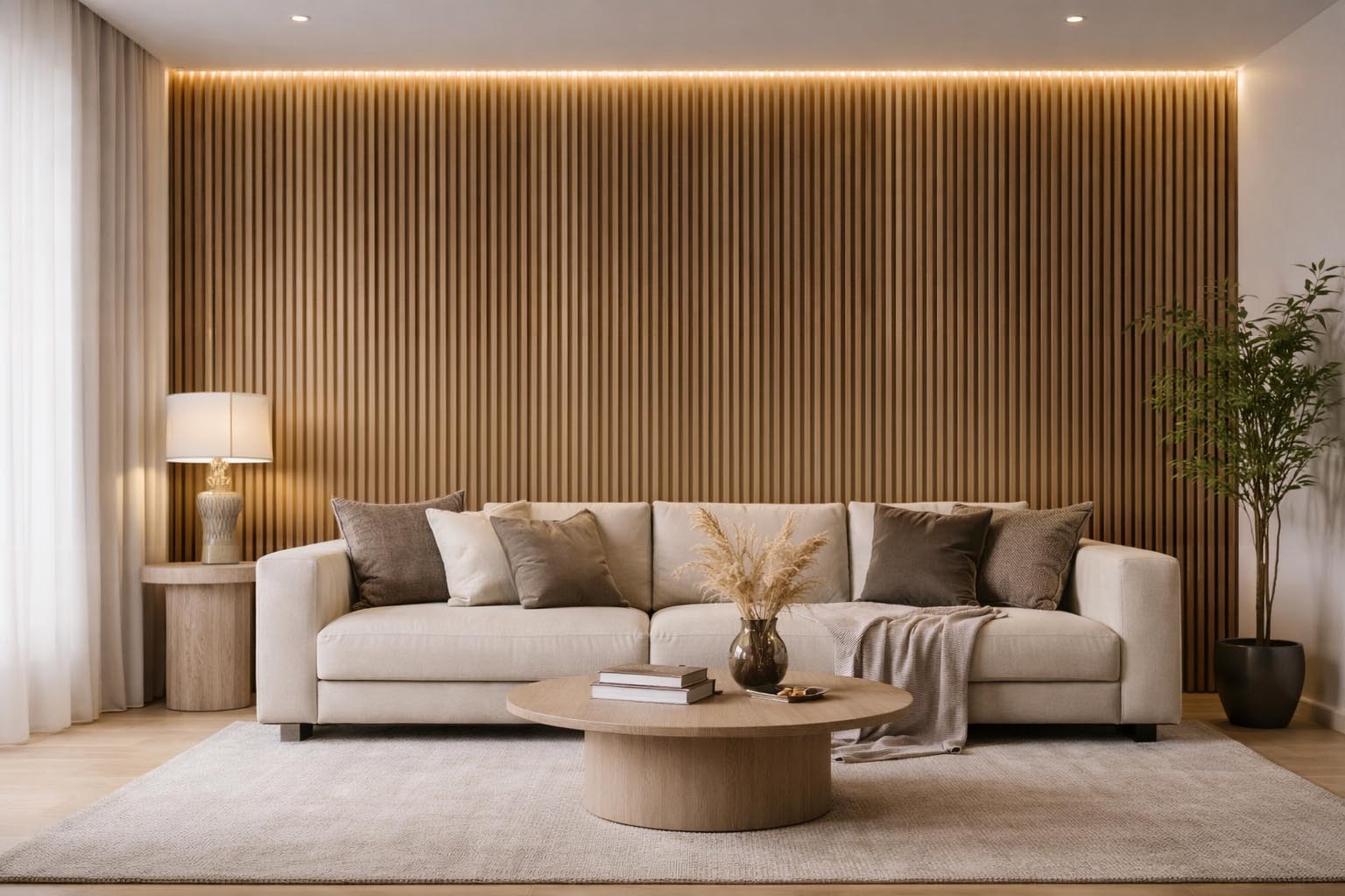 Akustikpaneele selber bauen oder kaufen? Der ehrliche Vergleich Holz-Akustikpaneele Wohnzimmer beige Sofa Wandverkleidung Holzoptik Wohnraum modern AKUSTIL