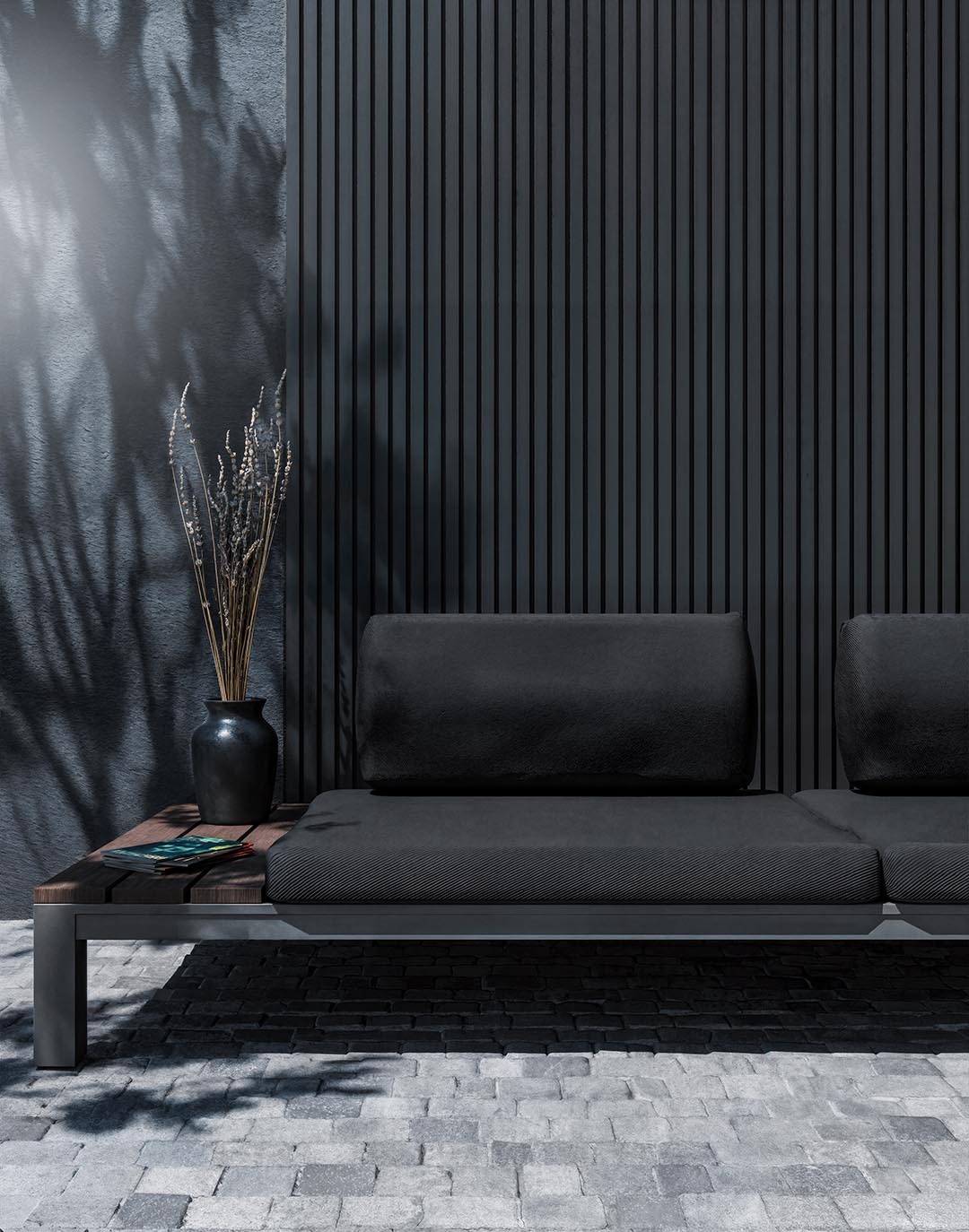 WPC Wandpaneel Nachtschwarz als Outdoor-Verkleidung mit Sofa und Steinterrasse – AKUSTIL