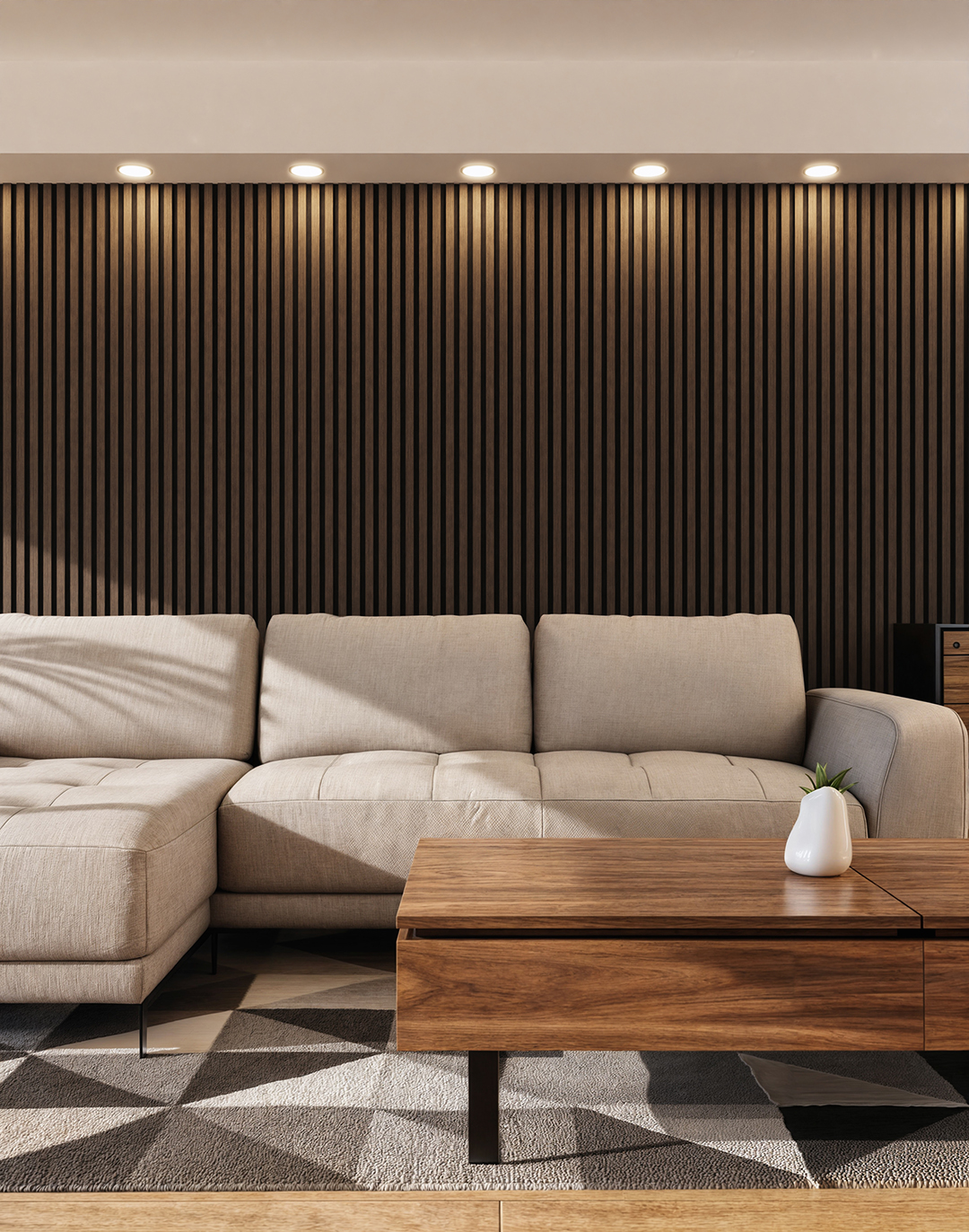 Akustikpaneel Classic - Walnuss (01) - 240x60 cm Aged Mahagony Holz-Akustikpaneel DZ01 dunkelbraun als Wandverkleidung im modernen Wohnzimmer