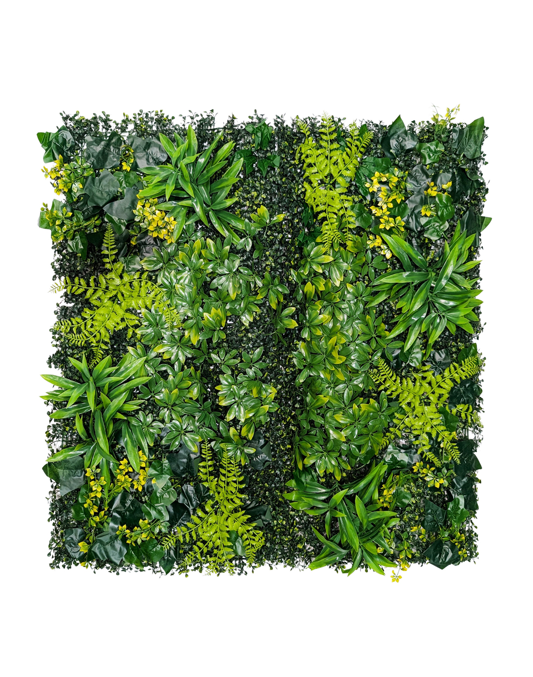 Pflanzenwand - Green Cascade (255) - 100x100 cm Künstliche Pflanzenwand Green Cascade 2 mit Farnen und gelben Blüten für Büro und Gastronomie