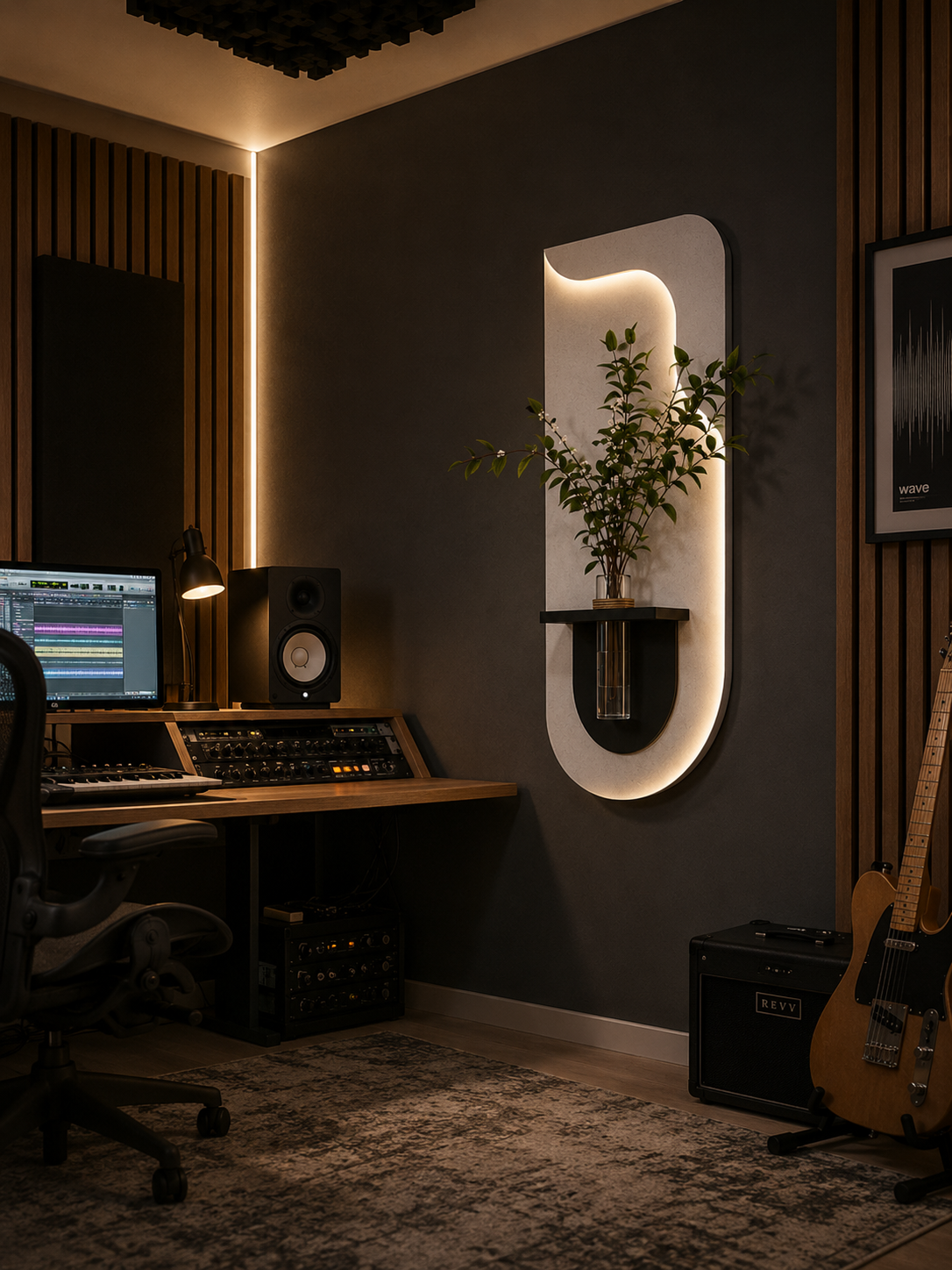 wanddeko_studio Akustikpaneel mit integrierter Pflanzenwand beleuchtet in modernem Musikstudio grau weiß AKUSTIL Wanddeko