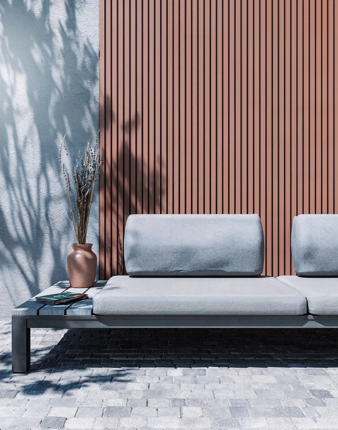 WPC-Paneel - Korallenrot (405) - 280x22 cm AKUSTIL WPC Wandpaneel Korallenrot als Außenwand hinter modernem Lounge-Sofa auf Terrasse