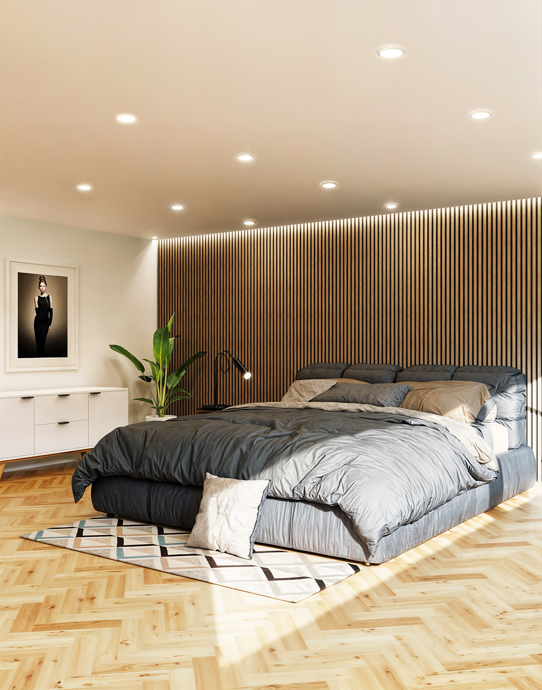 Akustikpaneel Classic - Soft Stone Filz: Schwarz - 240x60 cm Schlafzimmer mit AKUSTIL Holz-Akustikpaneelen an Wandverkleidung in Naturholz-Optik als stilvolles Kopfteil