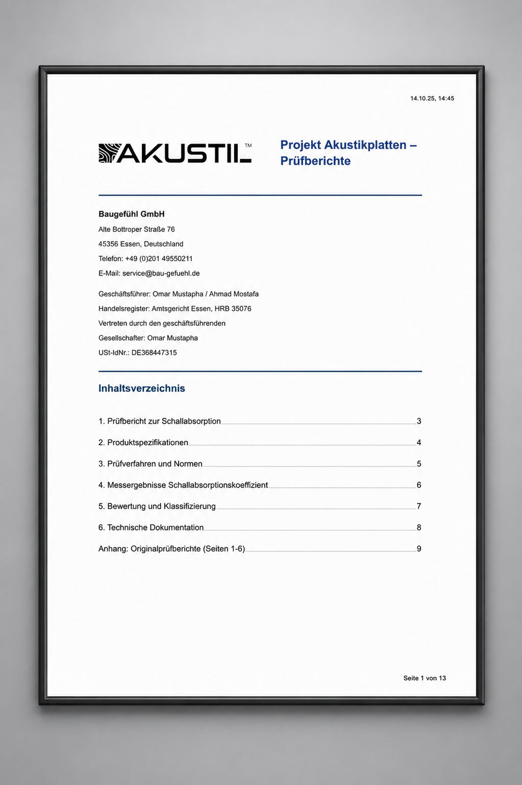 AKUSTIL Prüfbericht Schallabsorption Akustikpaneele Zertifikat Schallschutz Dokument