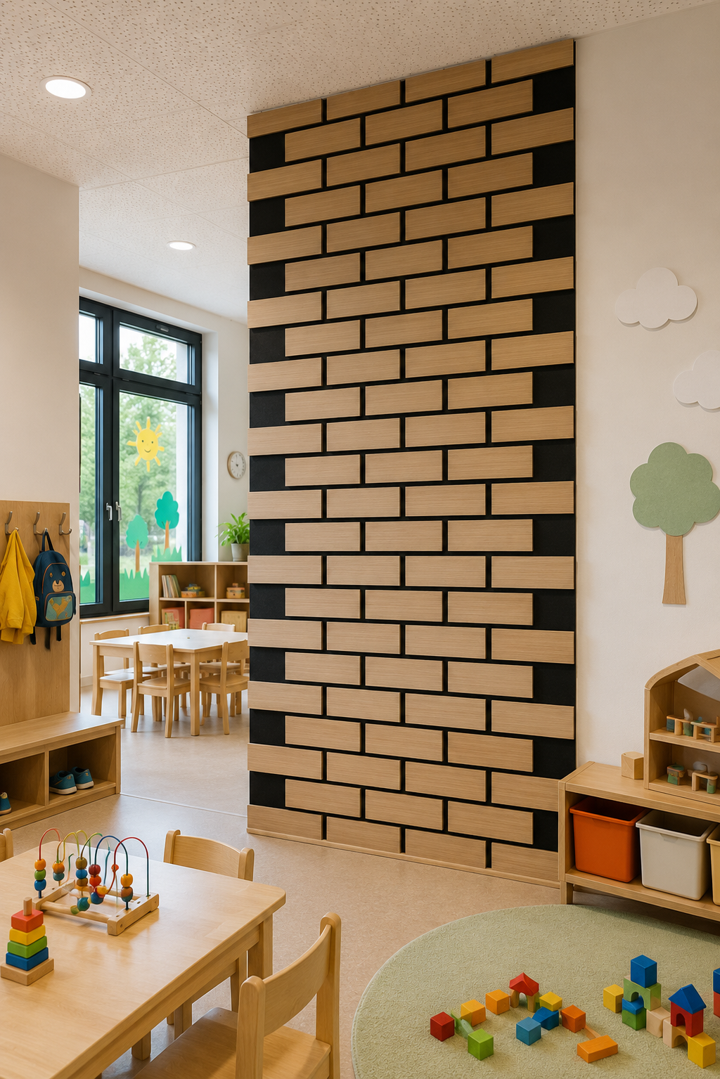 kindergarten Holz-Akustikpaneele beige-schwarz Raumteiler Wand Kindergarten Klassenzimmer AKUSTIL Wandverkleidung