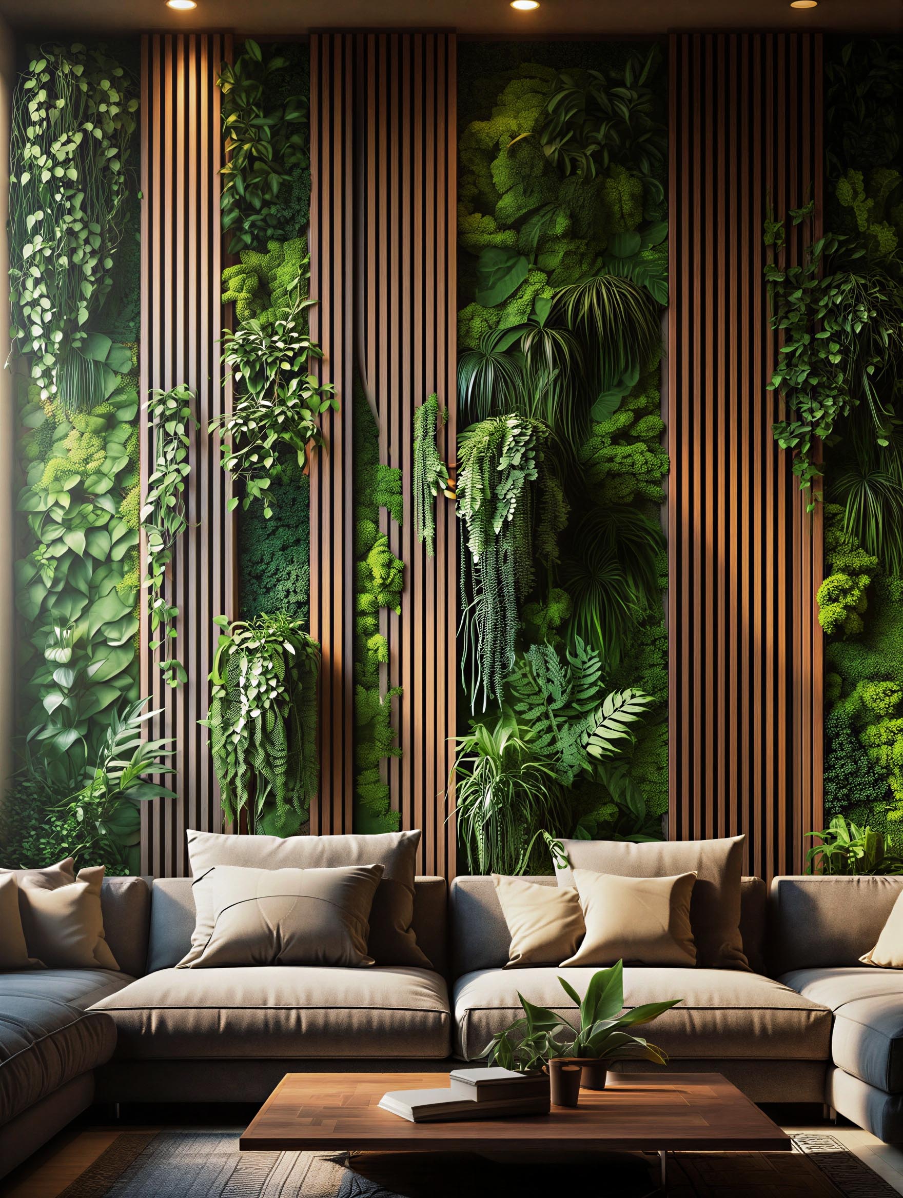 Der große AKUSTIL Styleguide AKUSTIL Holz-Akustikpaneele mit grüner Pflanzenwand im modernen Wohnzimmer – natürliches Wanddesign