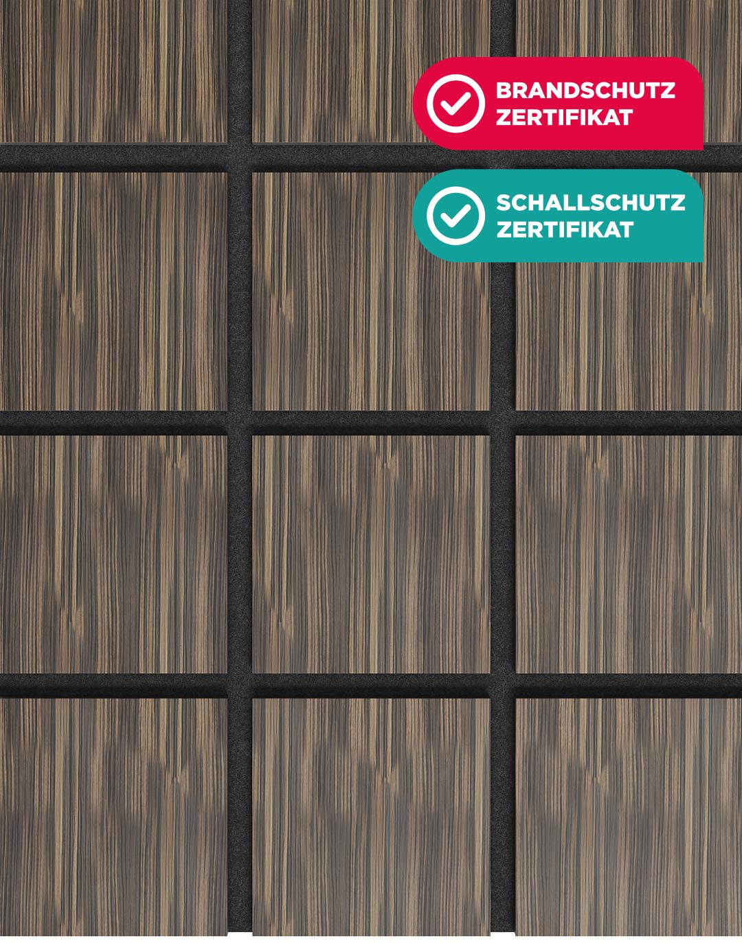 Akustikpaneel Quadra - Zebrano Filz: Schwarz - 240x60 cm Akustikpaneel Quadra Zebrano Holzoptik dunkelbraun mit schwarzen Fugen Brandschutz Schallschutz zertifiziert