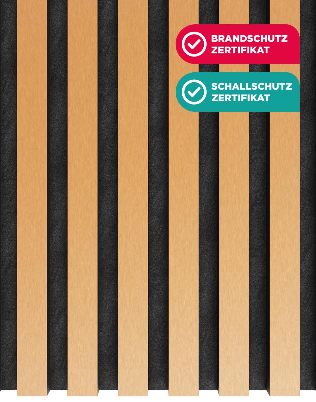 Akustikpaneel Brushed Copper mit schwarzem Filz Brandschutz Schallschutz Zertifikat Holzlamellen Wandpaneel