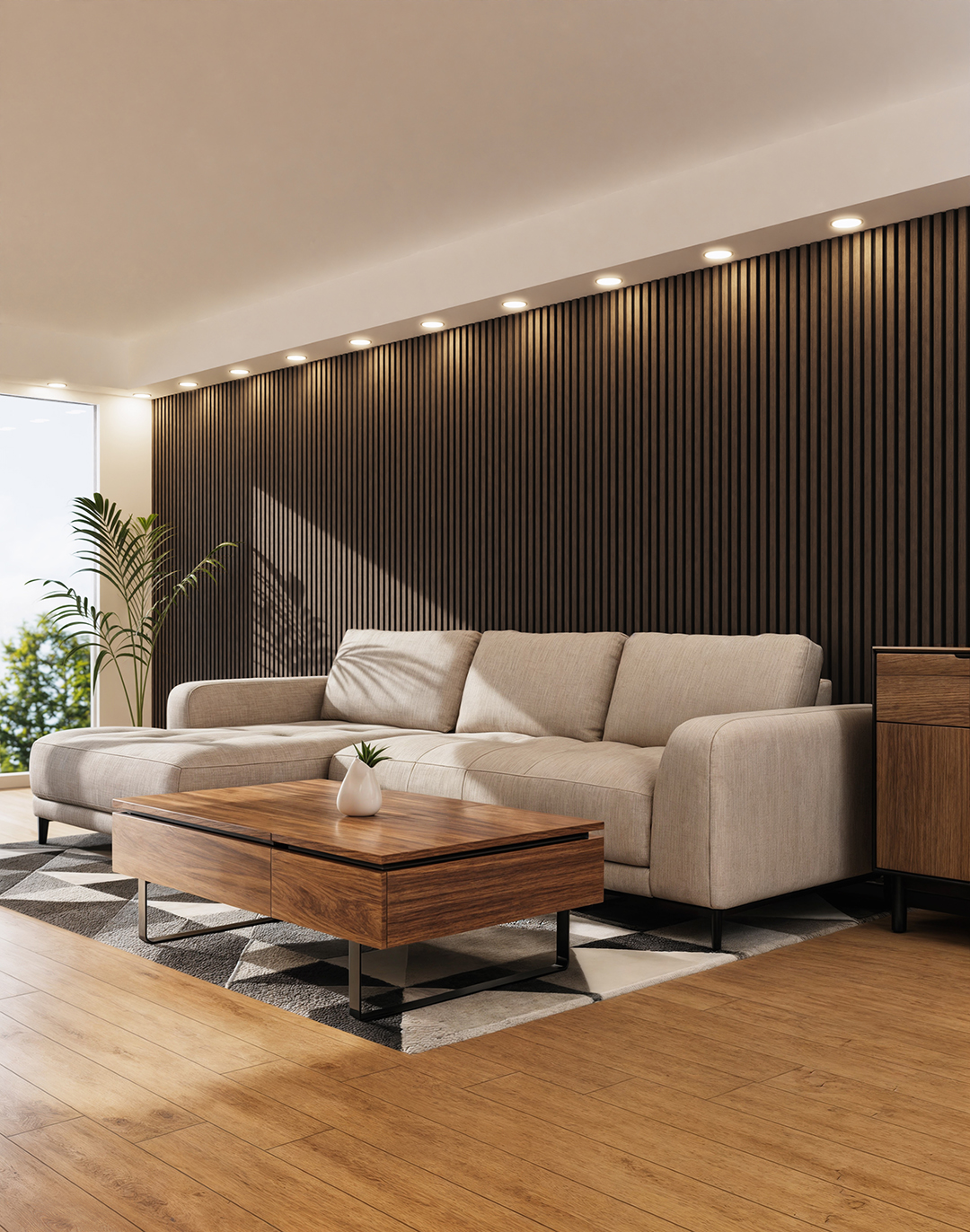 Akustikpaneel Classic - Walnuss (01) - 240x60 cm Wohnzimmer mit AKUSTIL Holz-Akustikpaneelen Aged Mahagony DZ01 an dunkler Akzentwand mit Deckenbeleuchtung