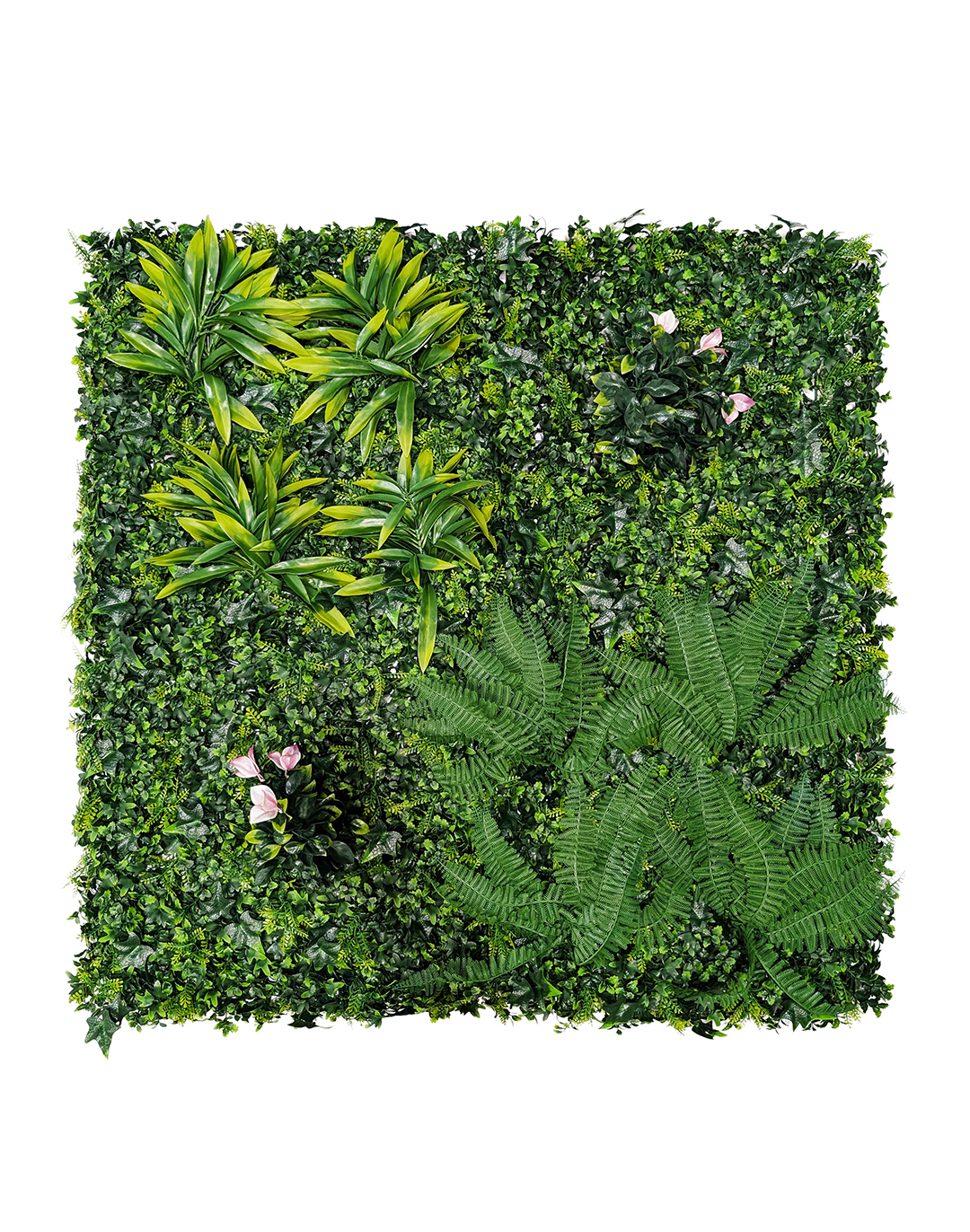 Pflanzenwand - Wild Paradise (267) - 100x100 cm Künstliche Pflanzenwand Wild Paradise grün mit Farnen und Blüten für Büro und Gastronomie AKUSTIL