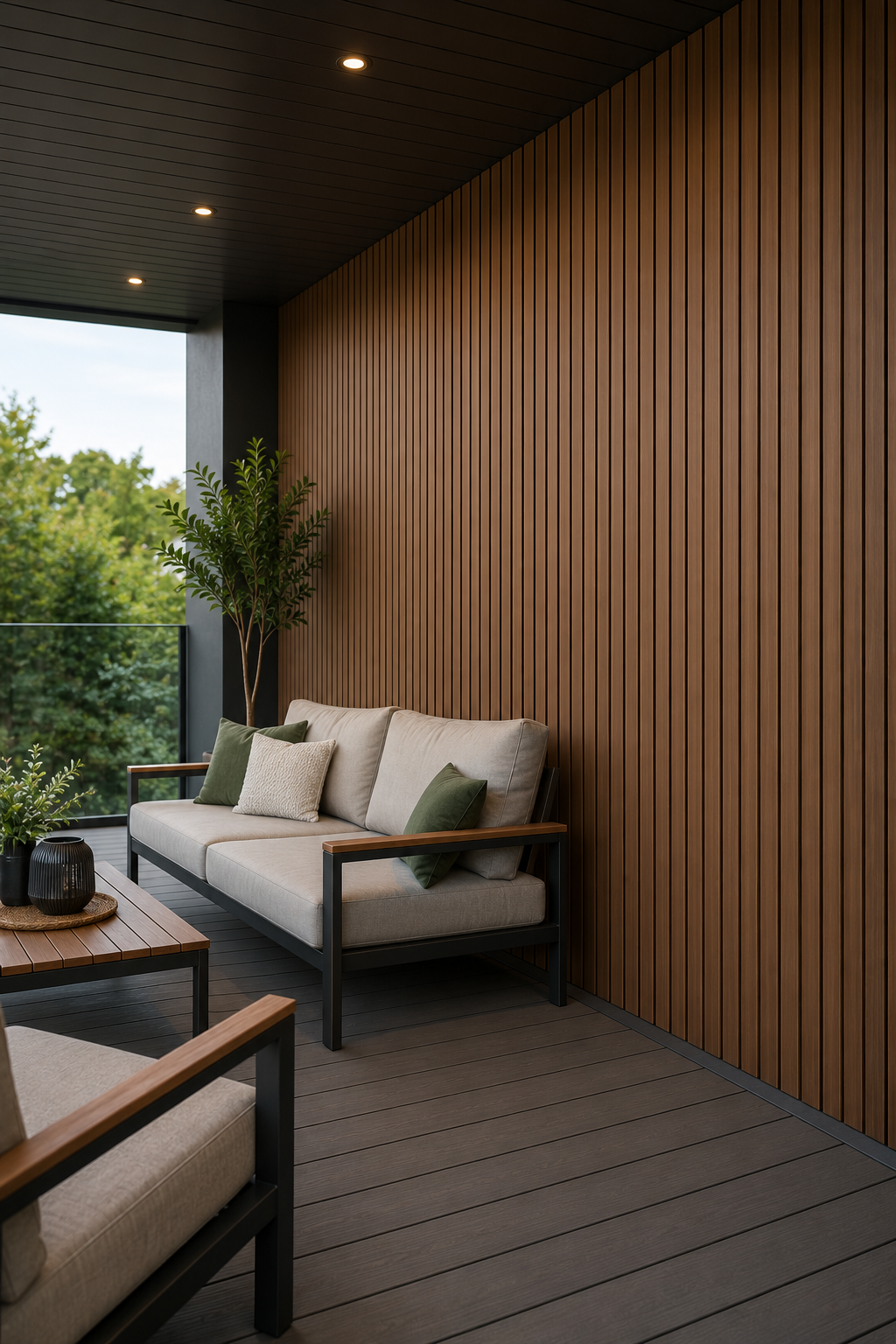 wpc_terasse WPC Terrassenpaneele braun mit vertikaler Holzoptik Wandverkleidung auf moderner überdachter Terrasse