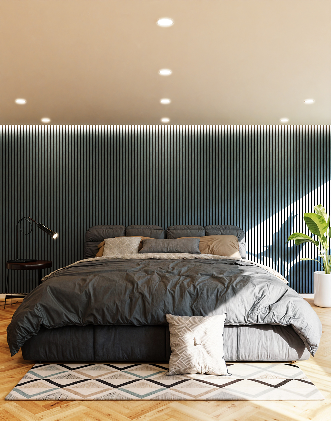 Akustikpaneel Classic - Ocean Blue (82) - 240x60 cm Schlafzimmer mit dunkelblauem Holz-Akustikpaneel Ocean Blue DZ21 als Wandverkleidung hinter Doppelbett