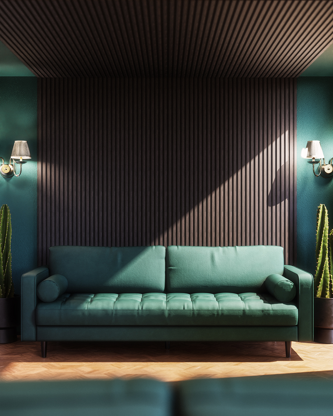 Schwarze Holz-Akustikpaneele Black Ash als Wandverkleidung im Wohnzimmer mit türkisem Sofa