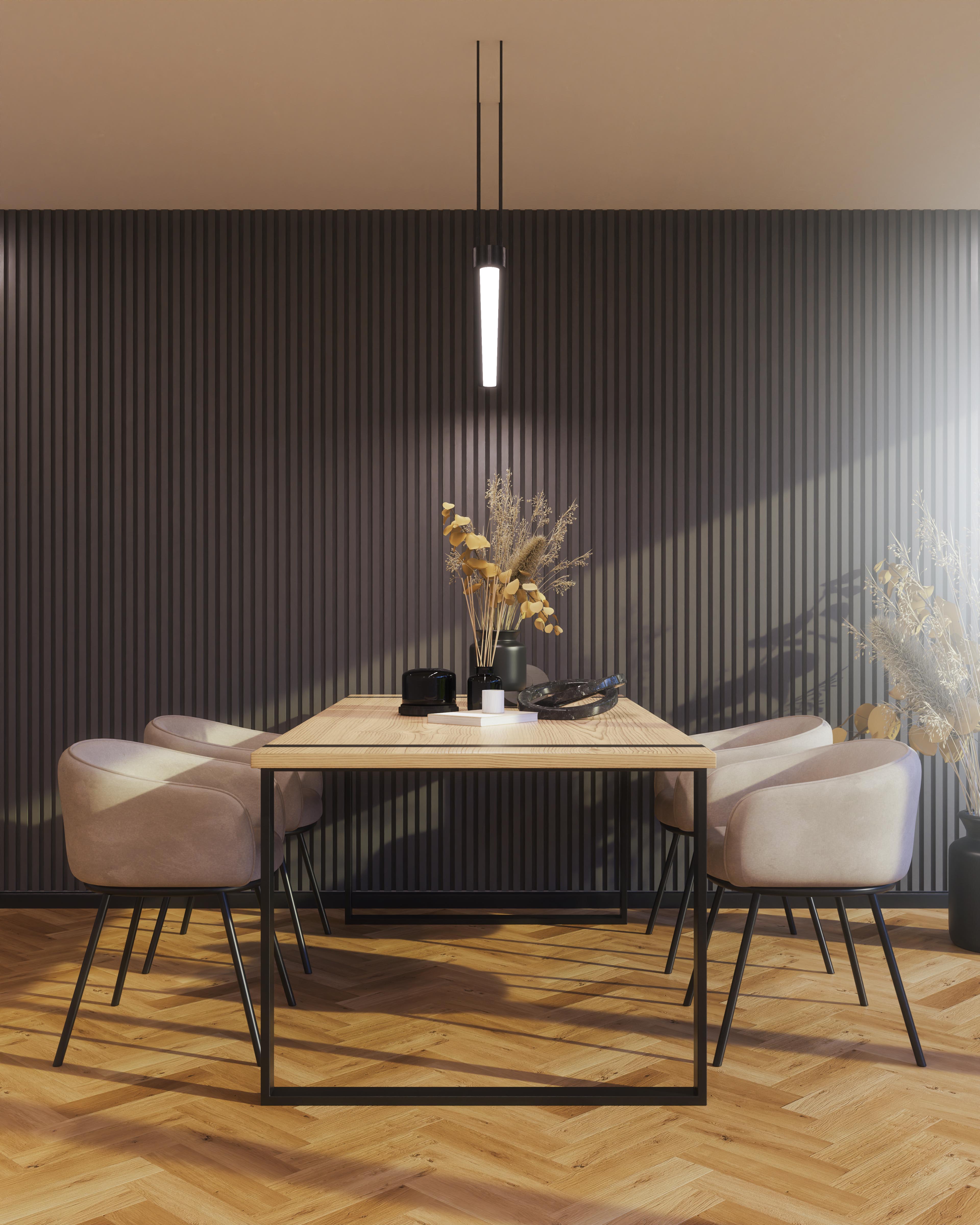 Akustikpaneele Mono Line Grau im modernen Esszimmer mit Holztisch und Designerstühlen vor dunkler Wandverkleidung