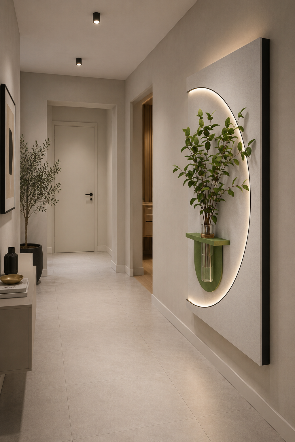 wanddeko_flur Moderne Wanddeko Flur mit beleuchtetem PVC Wandpaneel oval grün Pflanzenwand Glasvase minimalistisch