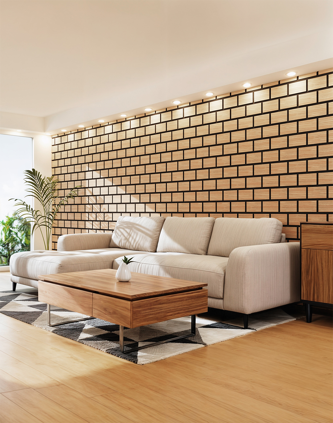 Akustikpaneel Bricks - Golden Teak (14) - Muster AKUSTIL Akustikpaneel Bricks Golden Teak Wohnzimmer Holzoptik PVC Wandpaneel moderne Wandverkleidung