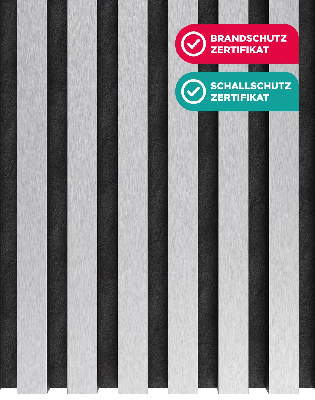 Akustikpaneel Classic - Silber Gebürstet Filz: Schwarz - 240x60 cm Akustikpaneel Brushed Silver schwarz-silber Wandpaneel mit Brandschutz und Schallschutz Zertifikat AKUSTIL