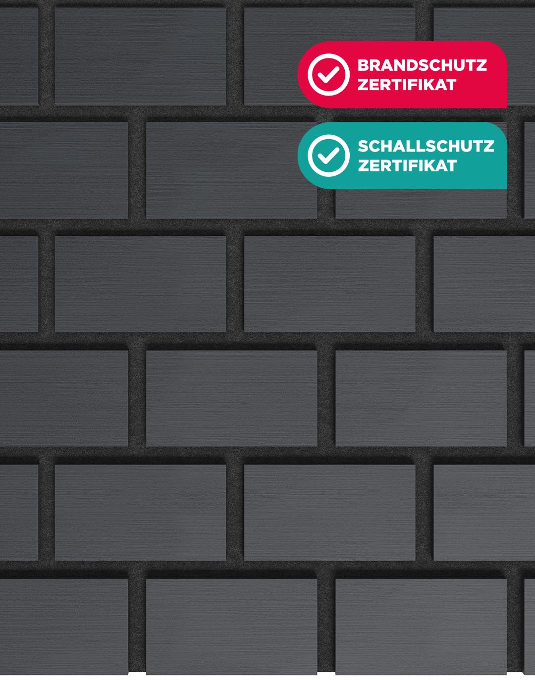 Akustikpaneel Bricks - Graphite Black Filz: Schwarz - Muster AKUSTIL PVC Wandpaneel Bricks Graphit Schwarz mit Brandschutz und Schallschutz Zertifikat Büro Wohnraum