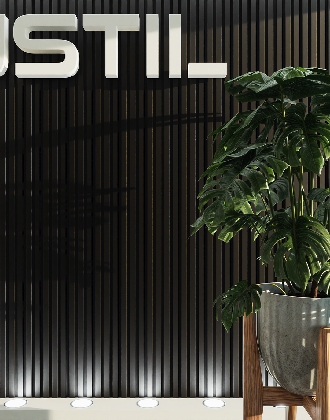 Akustikpaneel Classic - Brushed Black (53) - 240x60 cm AKUSTIL Akustikpaneel Brushed Black mit Monstera Pflanzenwand im modernen Büro Empfangsbereich