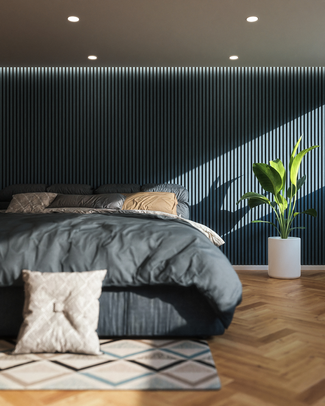 ocean blue - schlafzimmer - frontal AKUSTIL Ocean Blue Holz-Akustikpaneel Schlafzimmer dunkelblau vertikale Lamellen Wandgestaltung modern